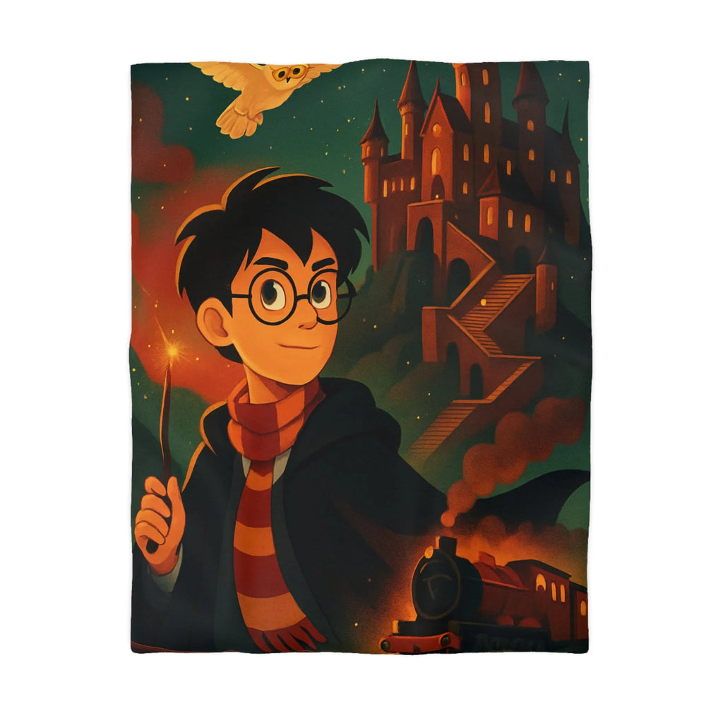 Housse de couette magique avec jeune sorcier, hibou, château et train en fond