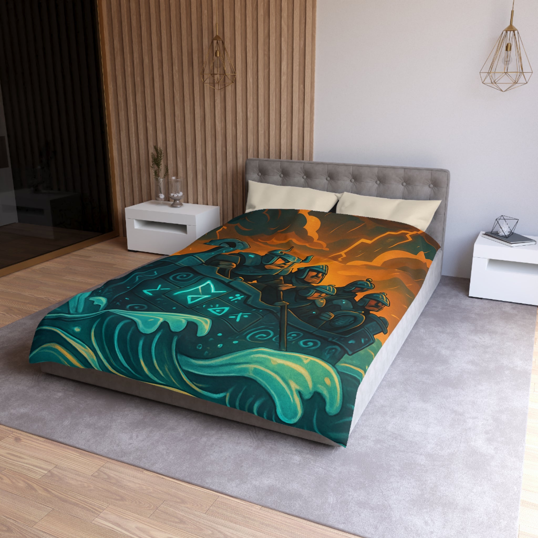 Housse de Couette Motif Vikings en Bateau sous Orage Céleste Féroce et Saisissant