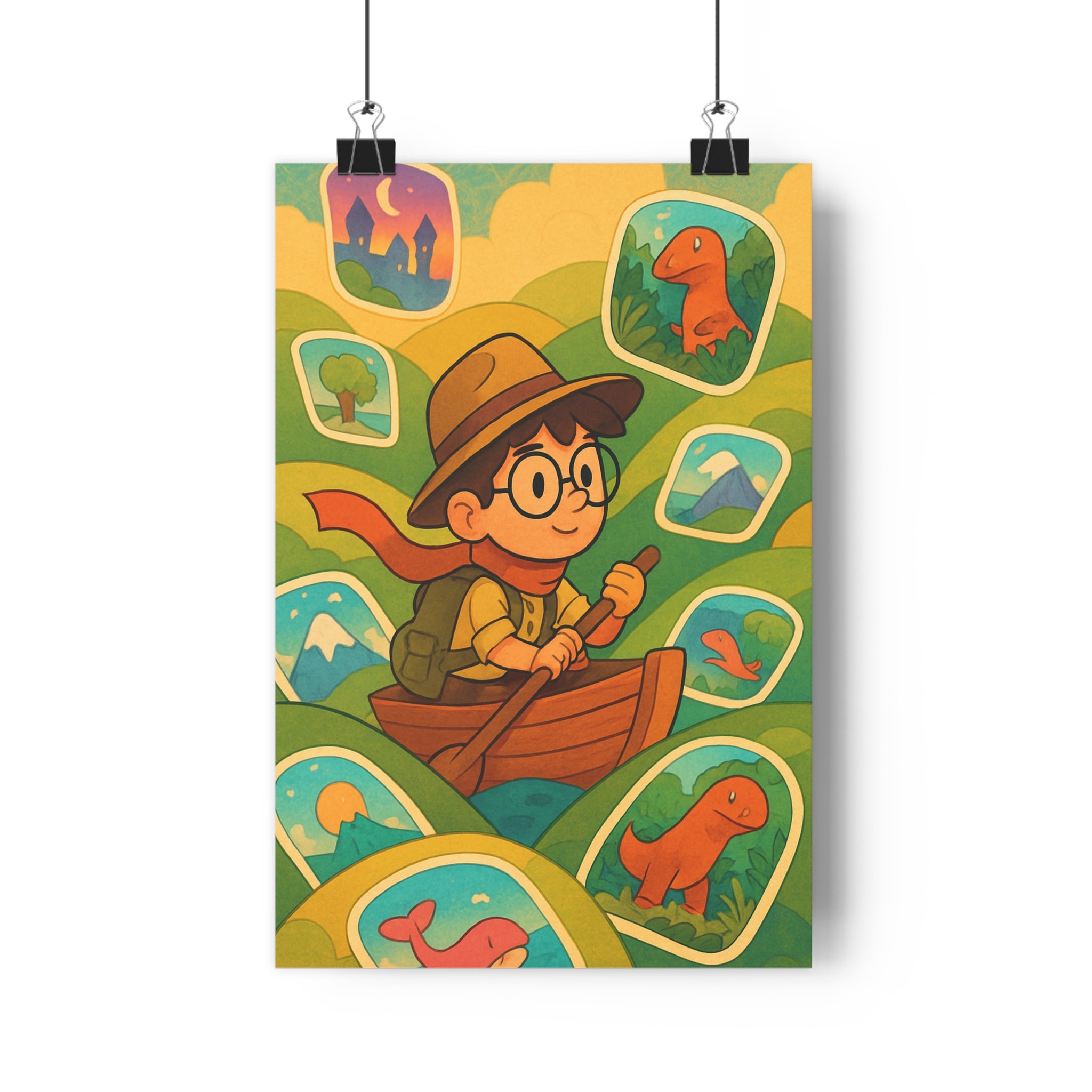 Poster décoratif fantaisie enfant aventure barque animaux montagnes châteaux vert bleu rouge 30x46 chambre