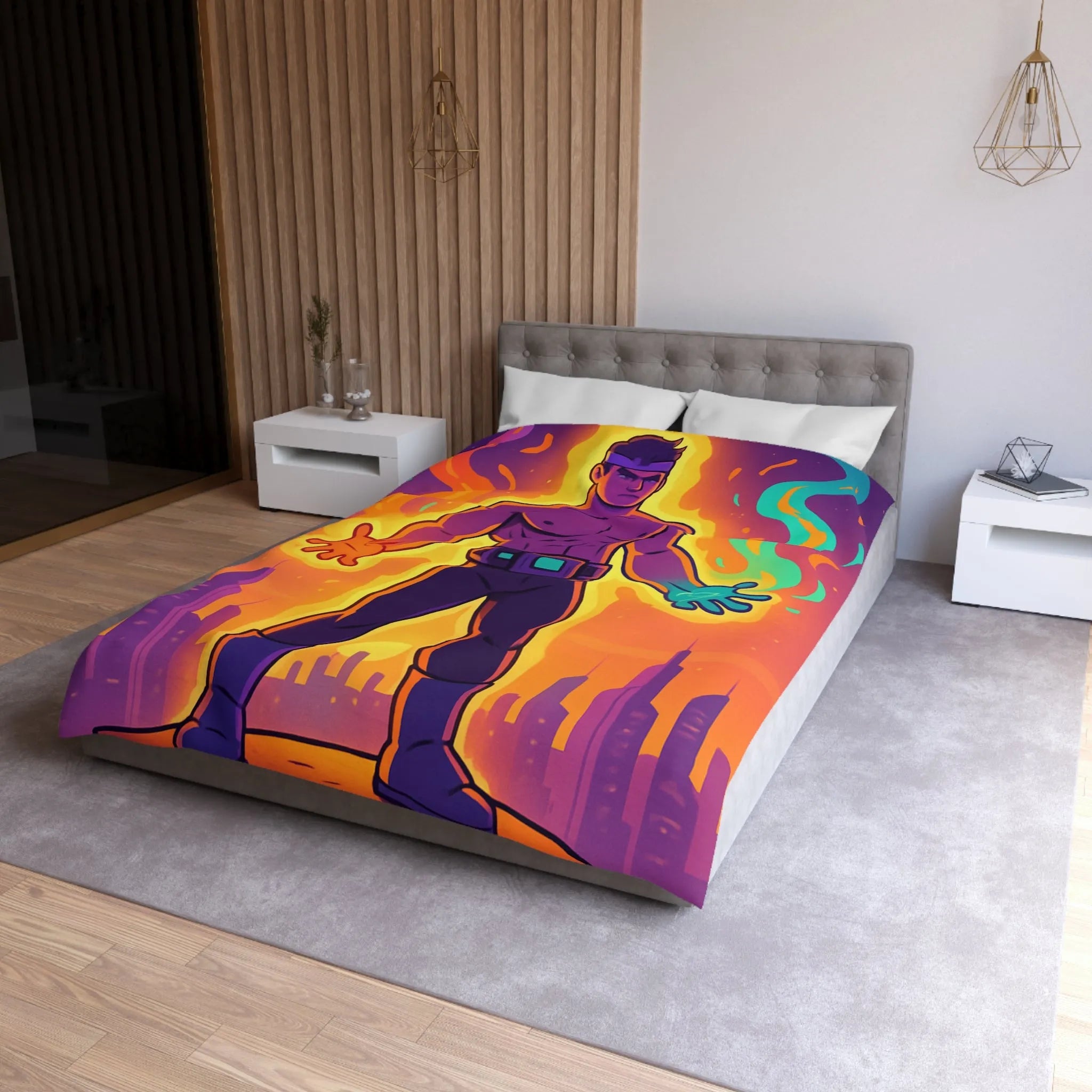 Housse de couette avec héros des éléments enflammés et lumineux sur fond de ville