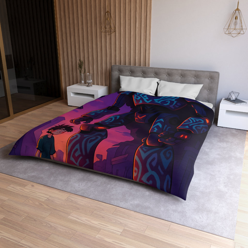 Housse de couette robot géant bleu lumineux, décor urbain vibrant et enfant émerveillé