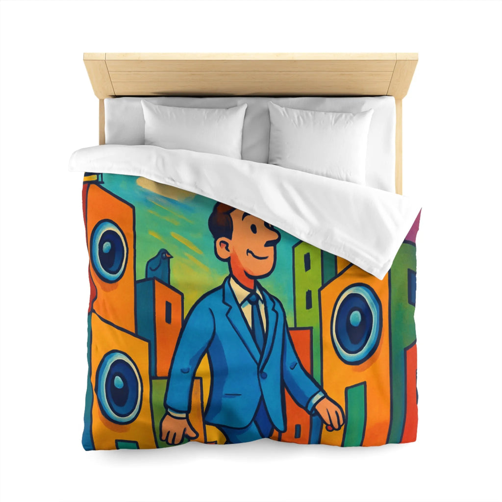 Housse de couette colorée avec homme stylisé marchant dans un paysage urbain coloré