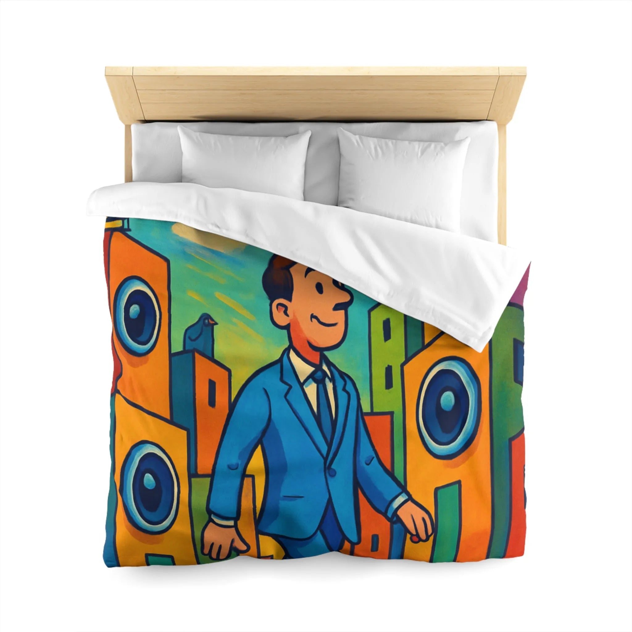 Housse de couette colorée avec homme stylisé marchant dans un paysage urbain coloré