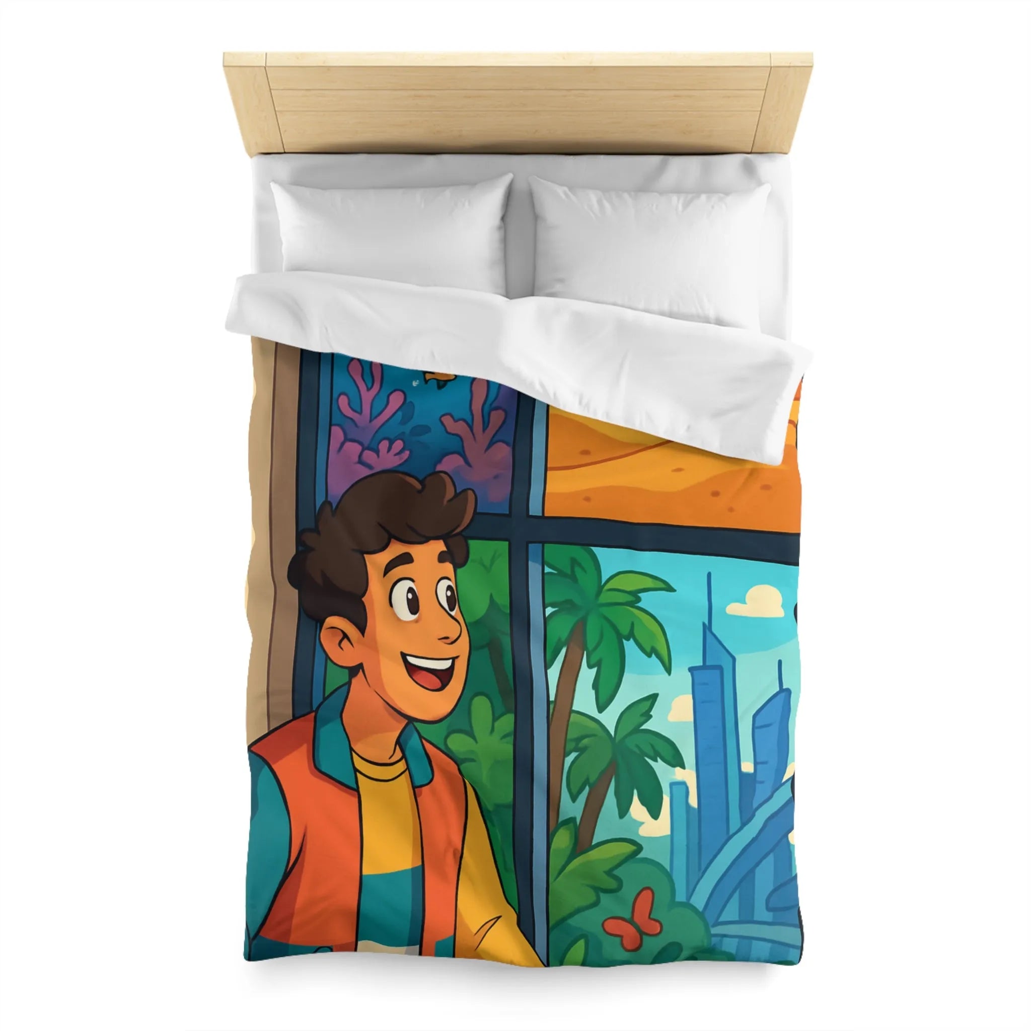 Housse de couette colorée avec paysage marin, désertique et urbain pour chambre d'enfant