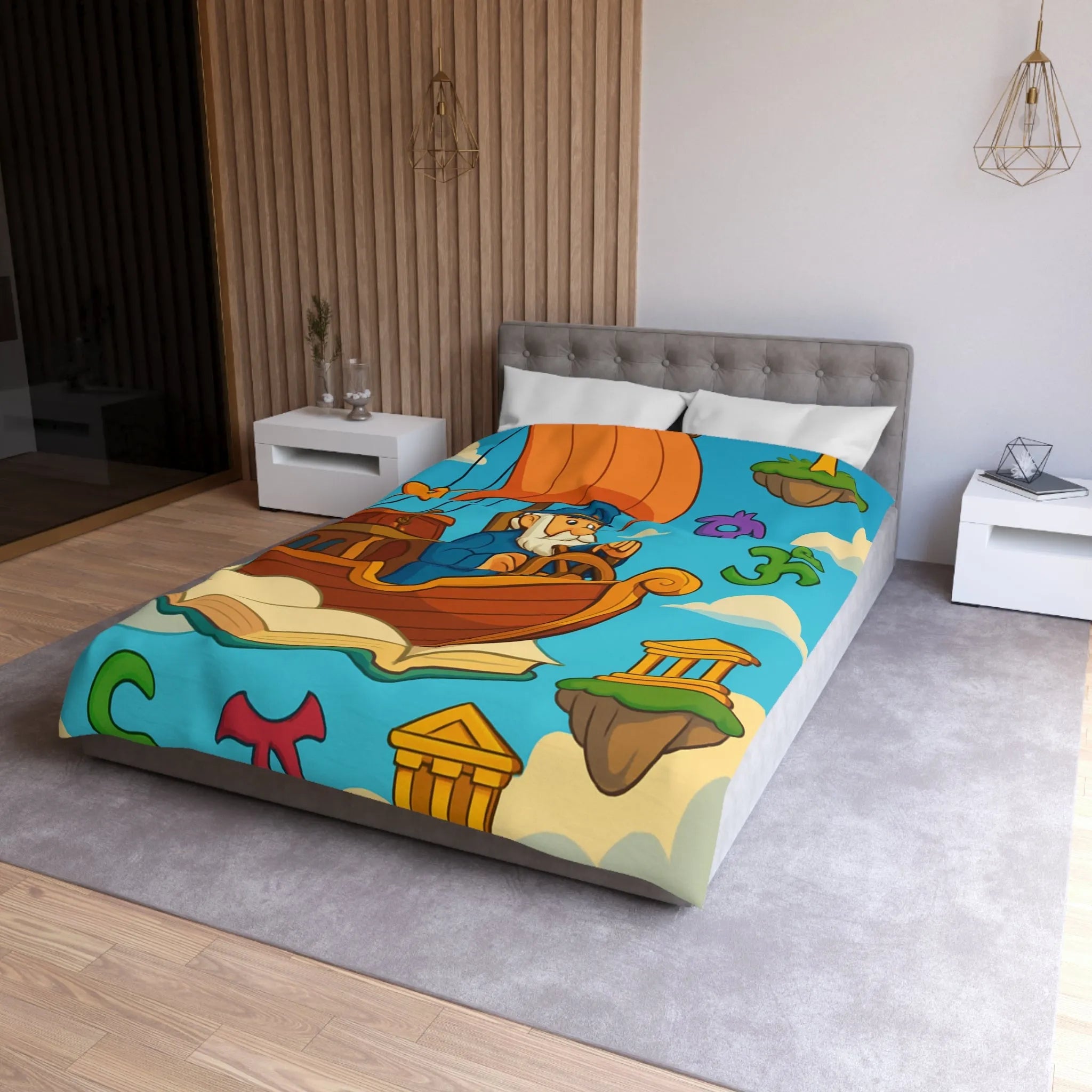 Housse de Couette Aventure Marin : Bateau Volant, Symboles Mystiques, Îles Flottantes