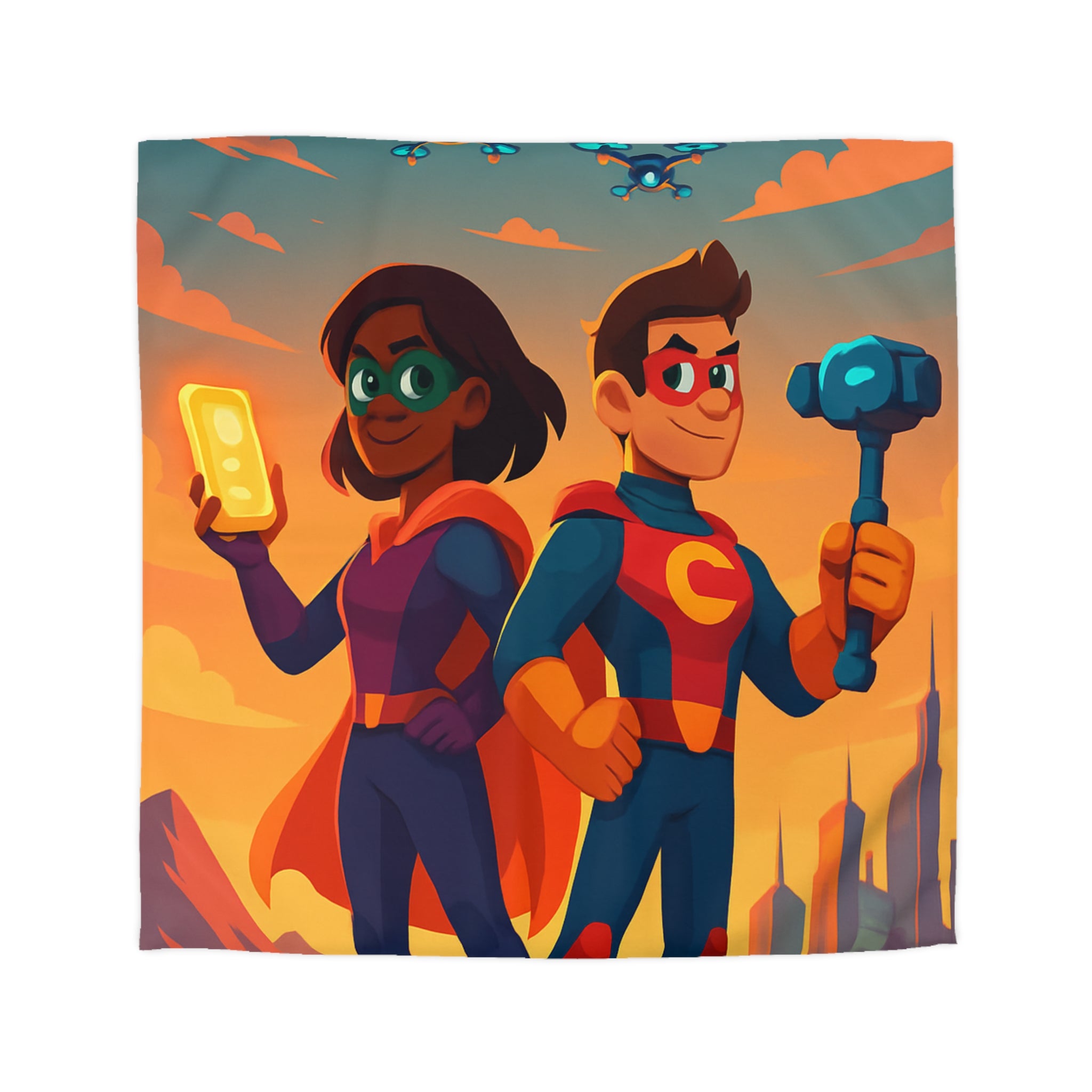 Super-héros Enfantins avec Drones dans Paysage Urbain Coloré Crépusculaire Illustré