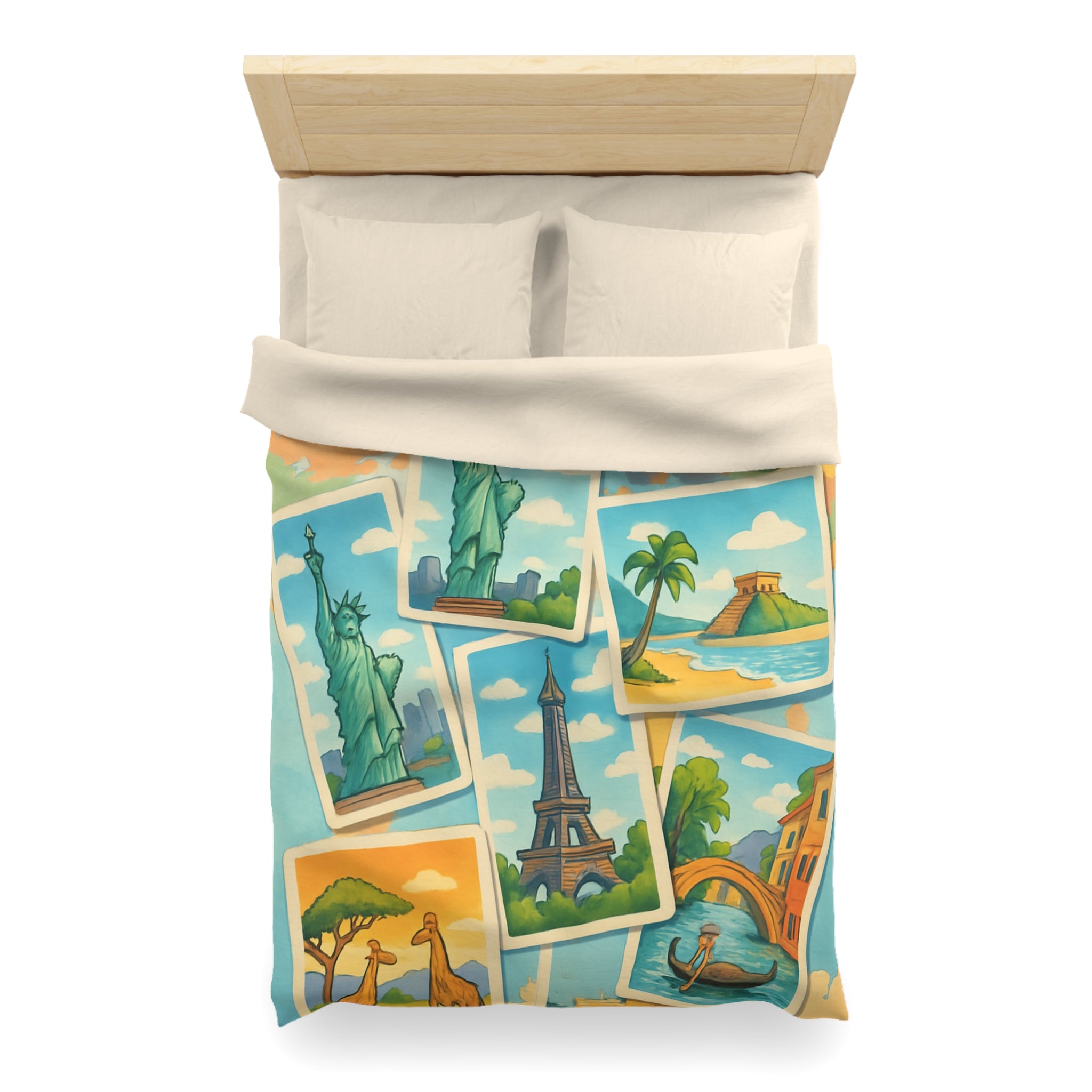 Voyage Mondial Coloré: Housse de Couette avec Monuments et Paysages Iconiques des Continents