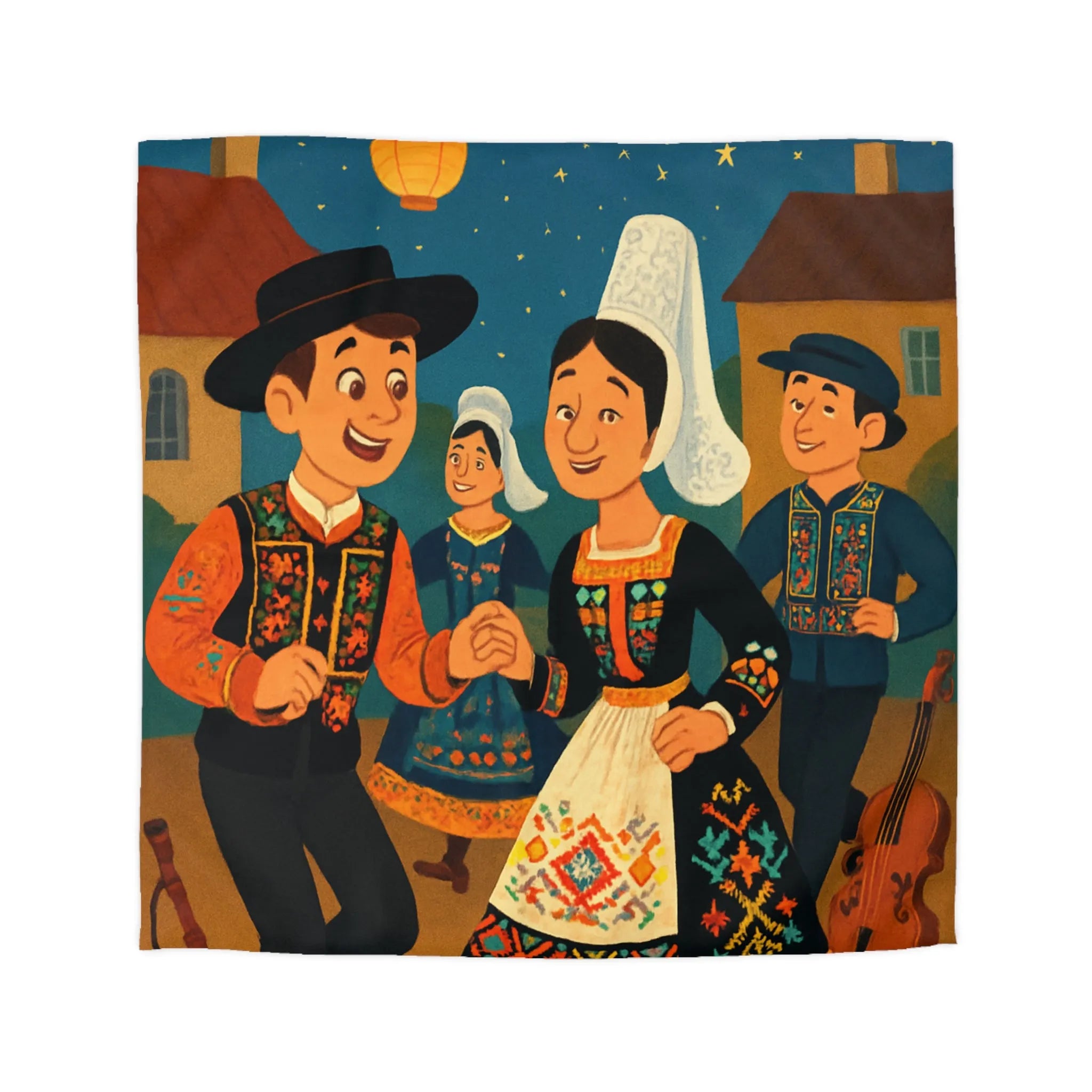 Housse de couette avec danse folklorique festive sous ciel étoilé et lanternes lumineuses