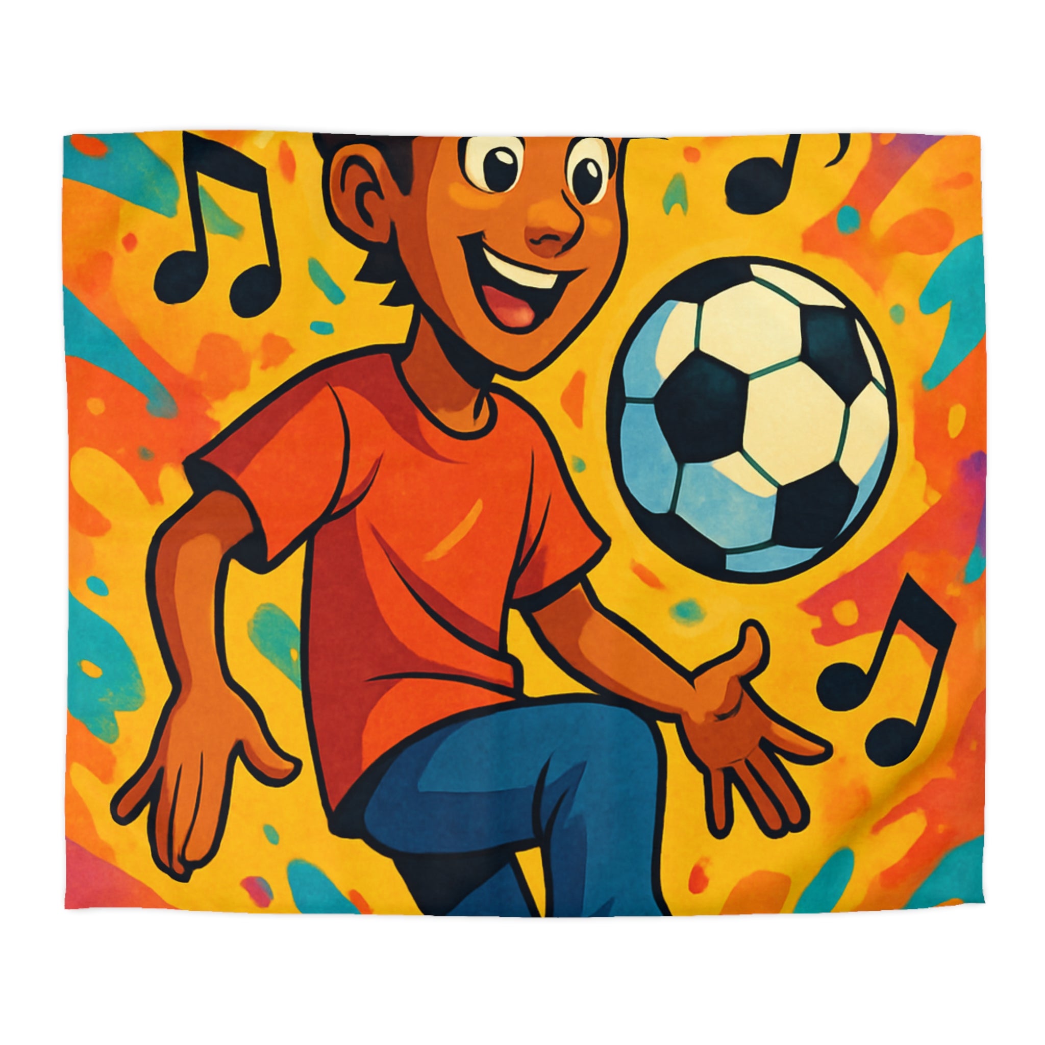 Housse de Couette Sport Jeune Garçon Jouant au Football avec Notes Musicales
