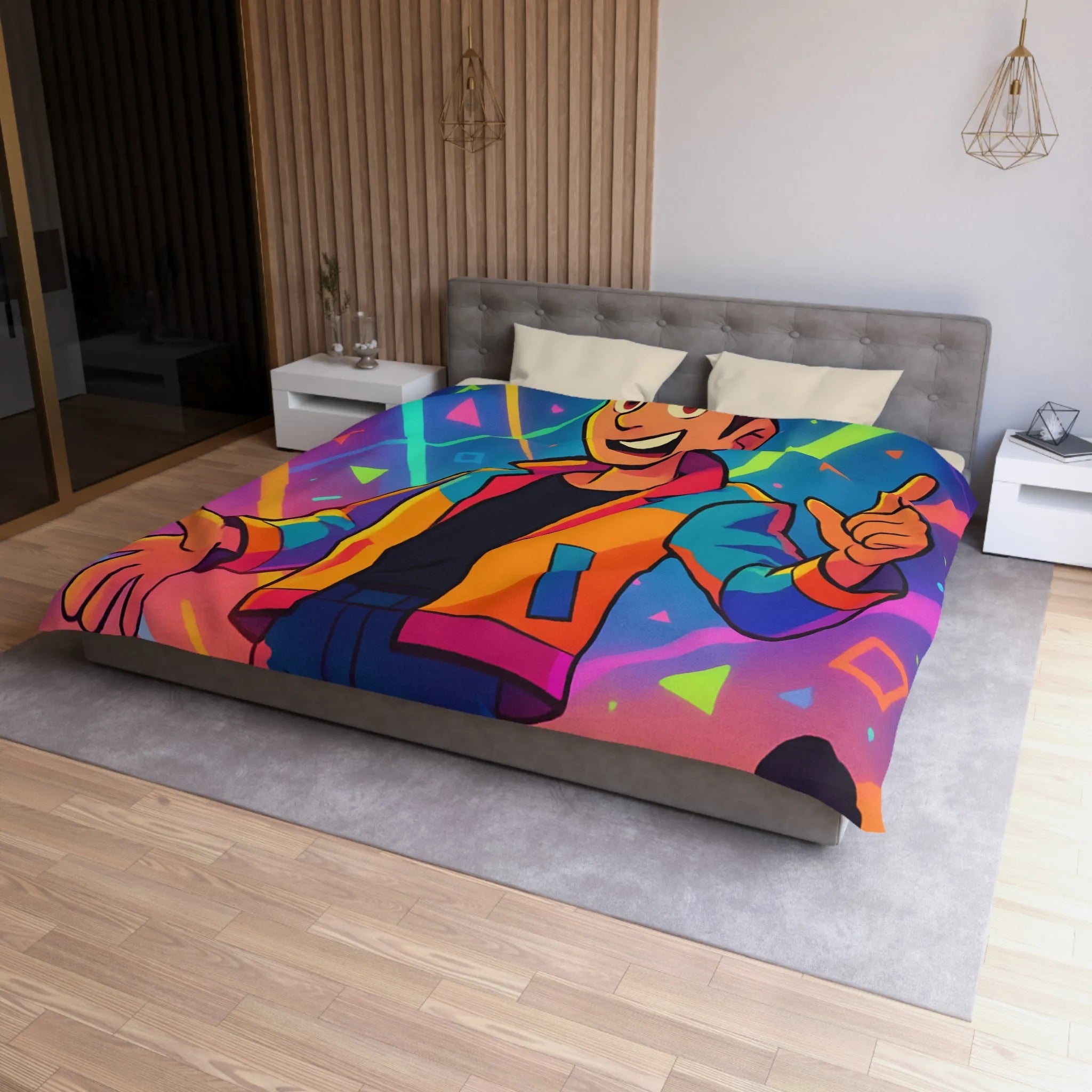 Housse de couette colorée avec personnage animé, haute énergie, motifs géométriques vibrants