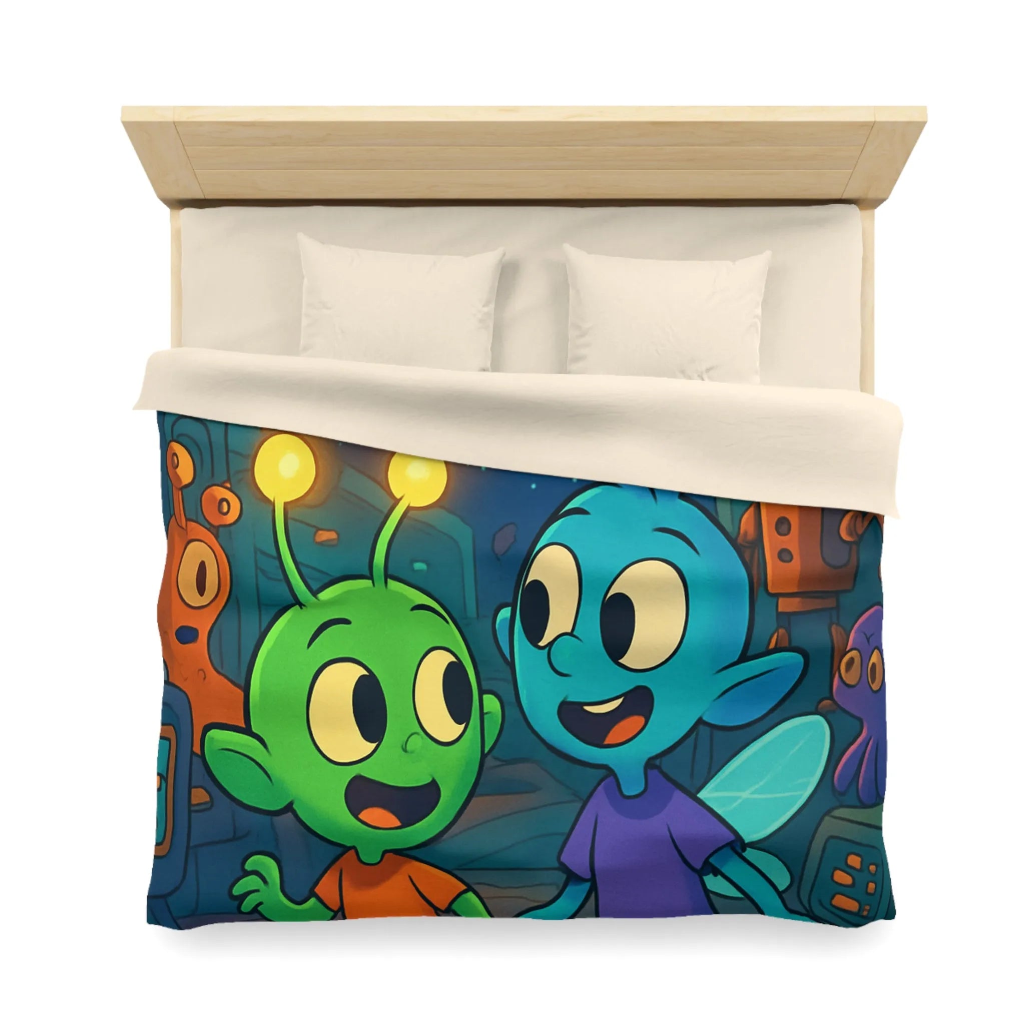 Housse de couette enfant extraterrestre bleu et vert dans vaisseau spatial coloré amusant