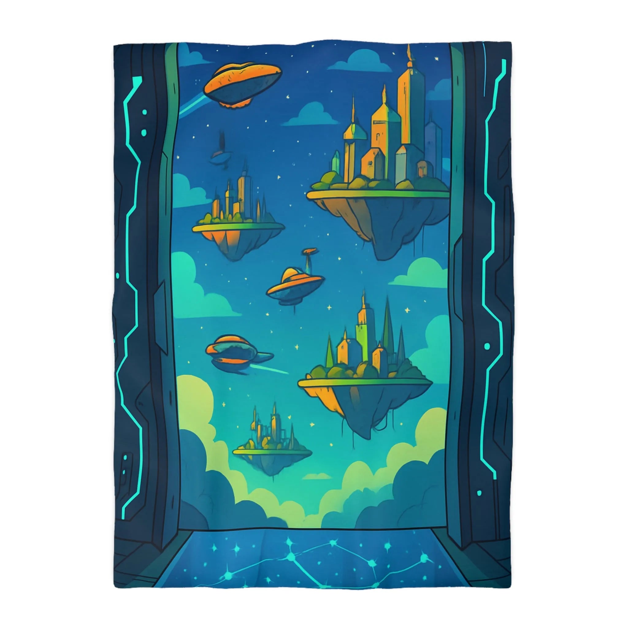 Housse de couette futuriste avec cités flottantes sous ciel étoilé et vaisseaux spatiaux