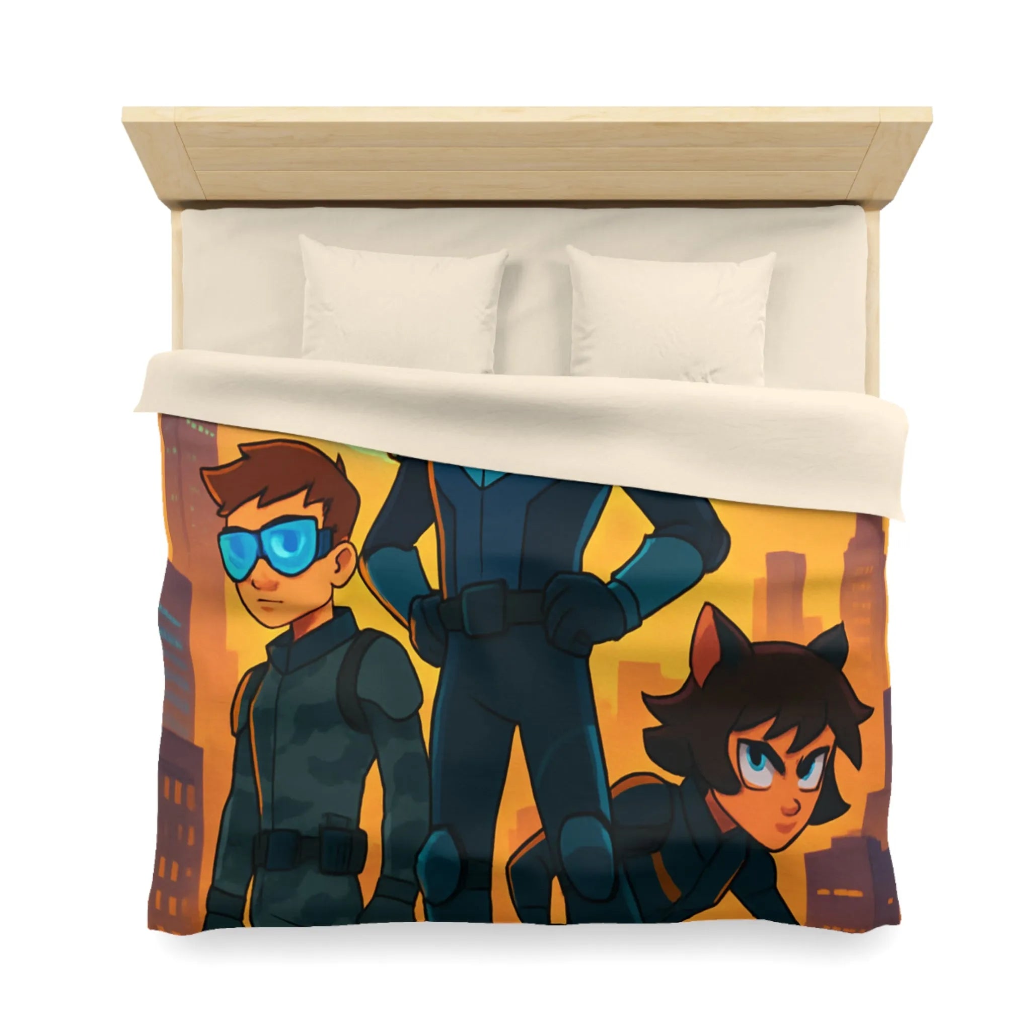 Ensemble d'aventure animé avec enfants héros sur fond urbain au crépuscule