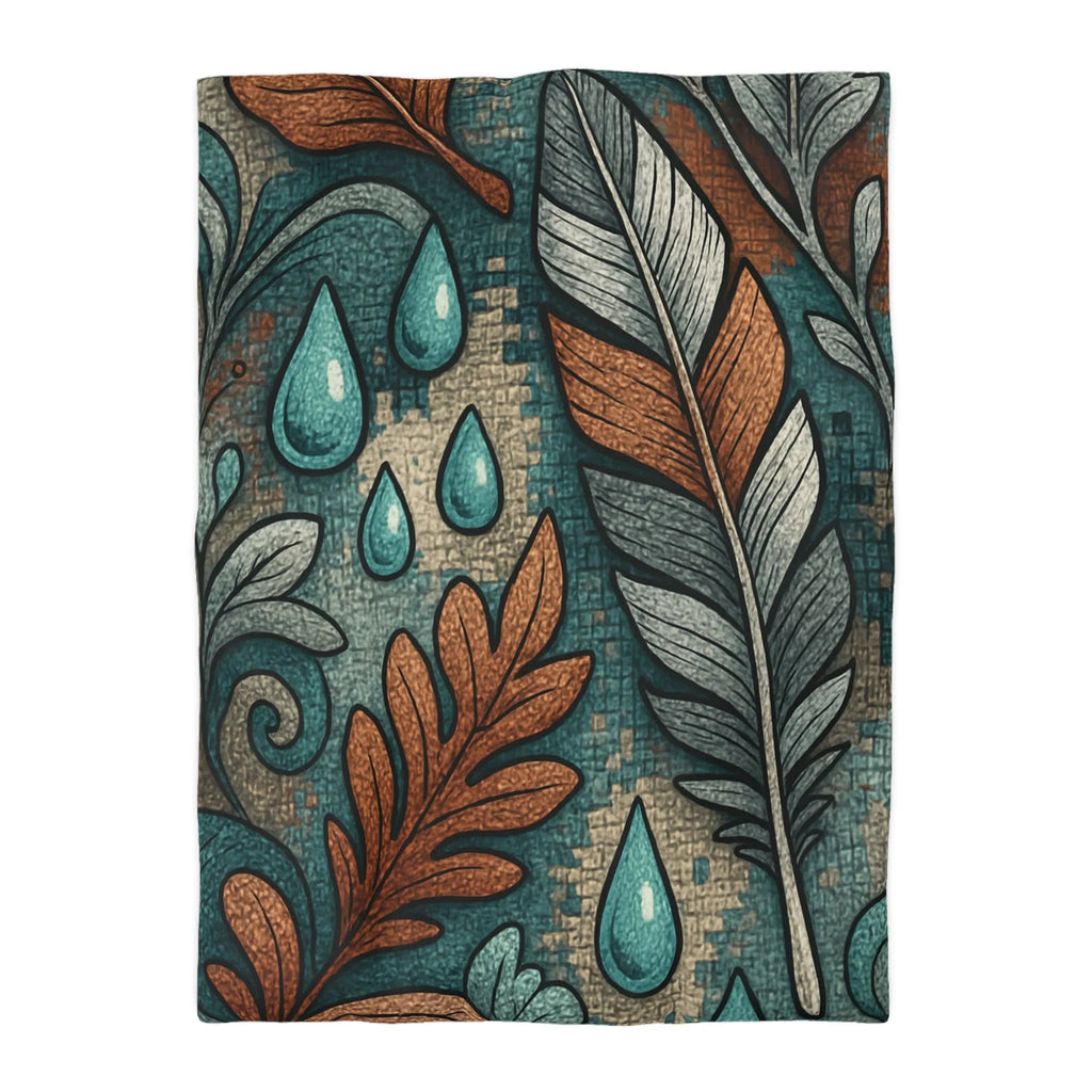 Housse de Couette Élégante avec Plumes et Feuilles, Teintes Bleues et Oranges