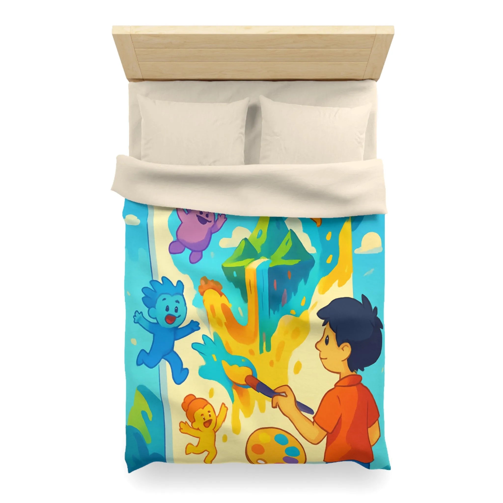 Housse de couette colorée avec personnages joyeux et paysage de montagne fantastique