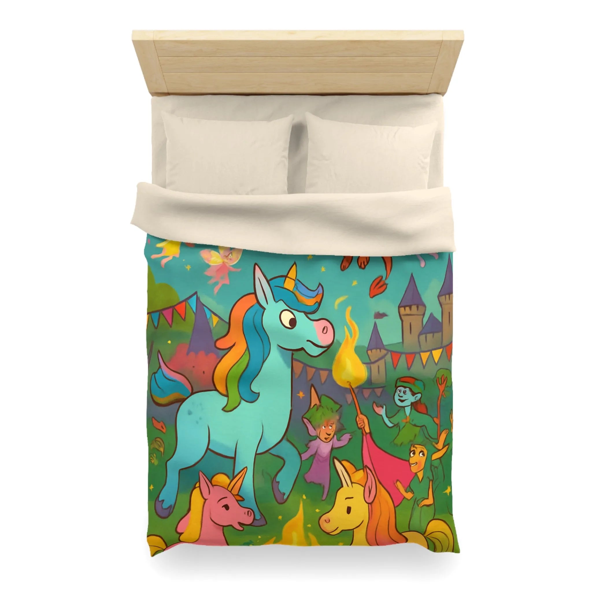 Housse de couette colorée avec licornes, dragons et fées au festival magique