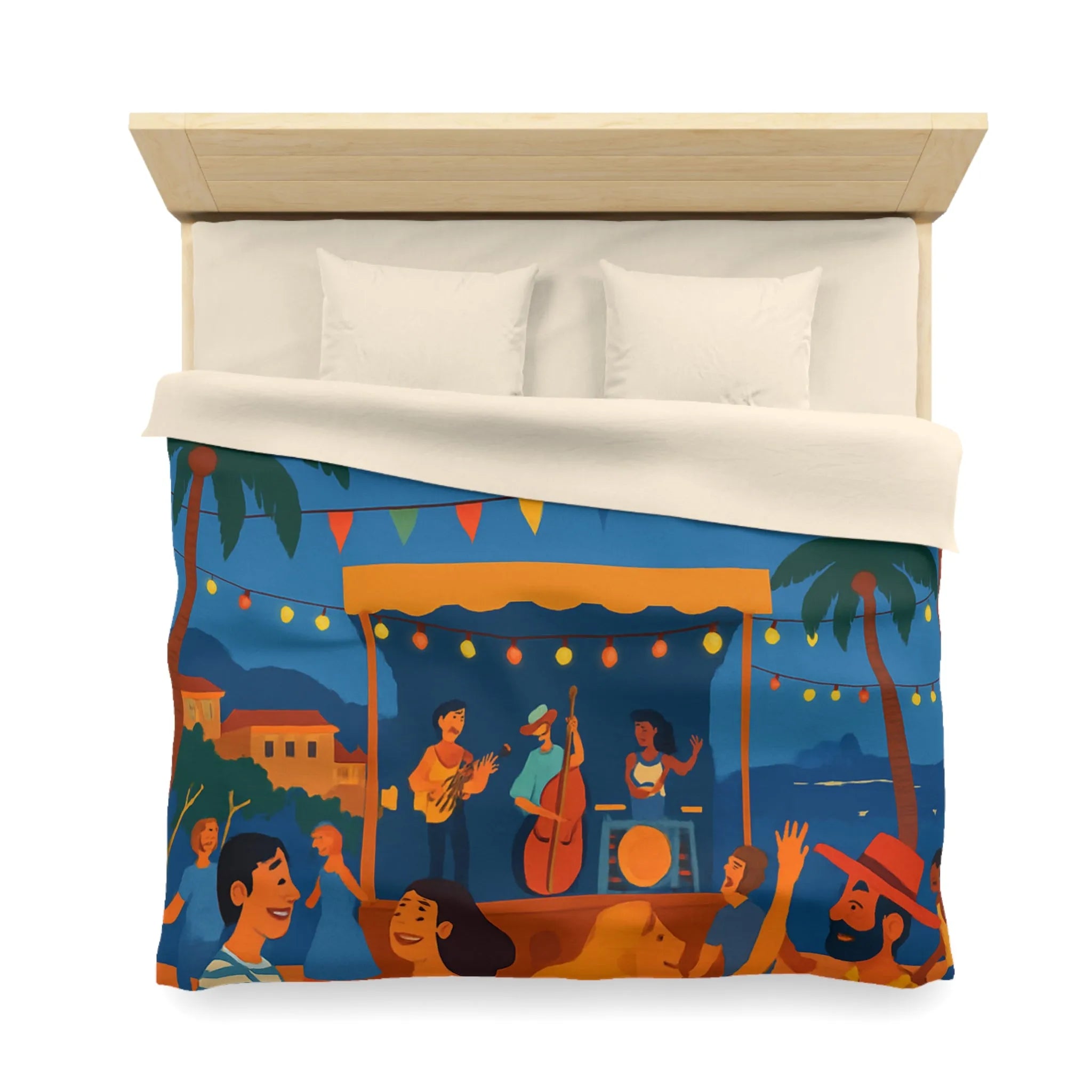 Housse de couette estivale scène festivale tropicale avec danseurs et lanternes lumineuses