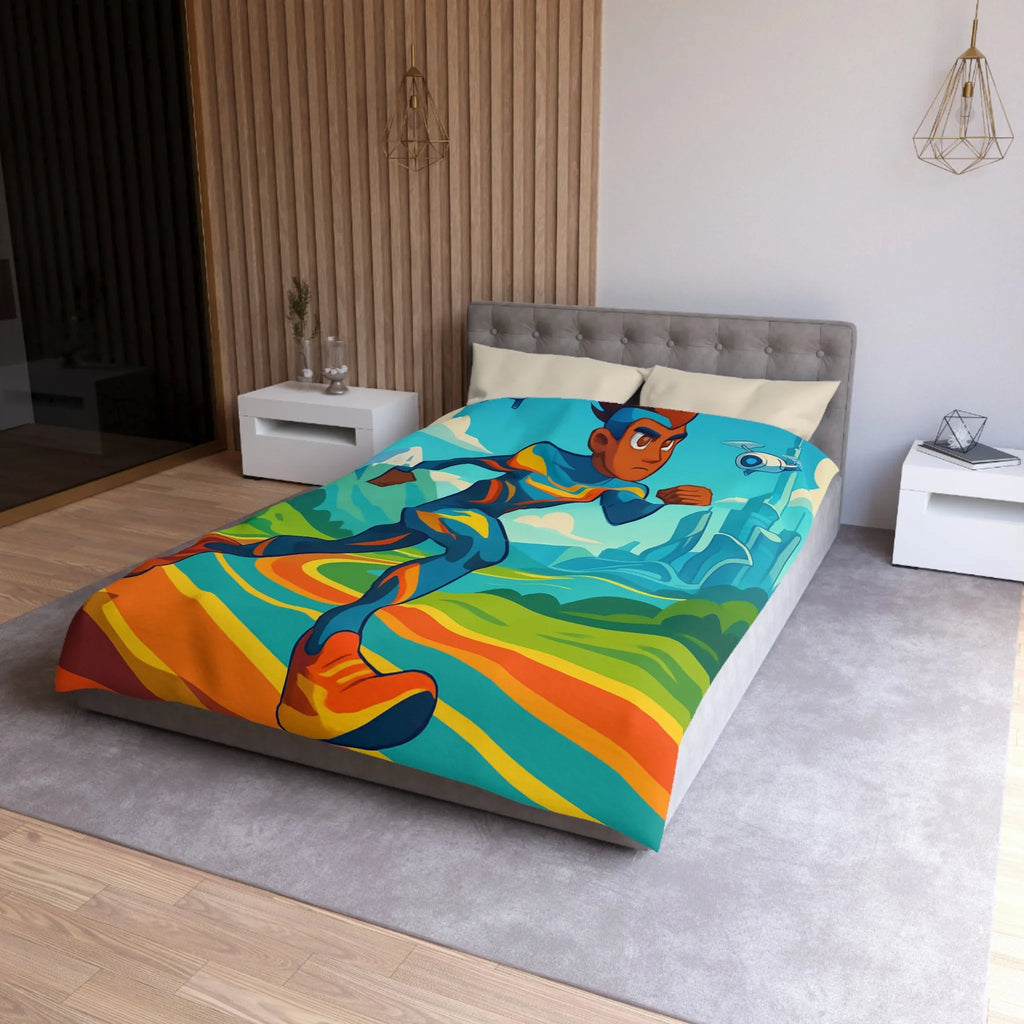 Housse de couette colorée pour chambre futuriste avec coureur et drones volants