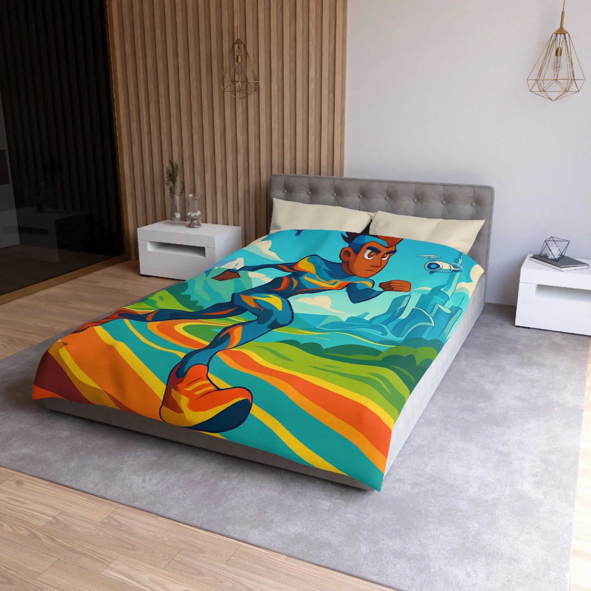 Housse de couette colorée pour chambre futuriste avec coureur et drones volants