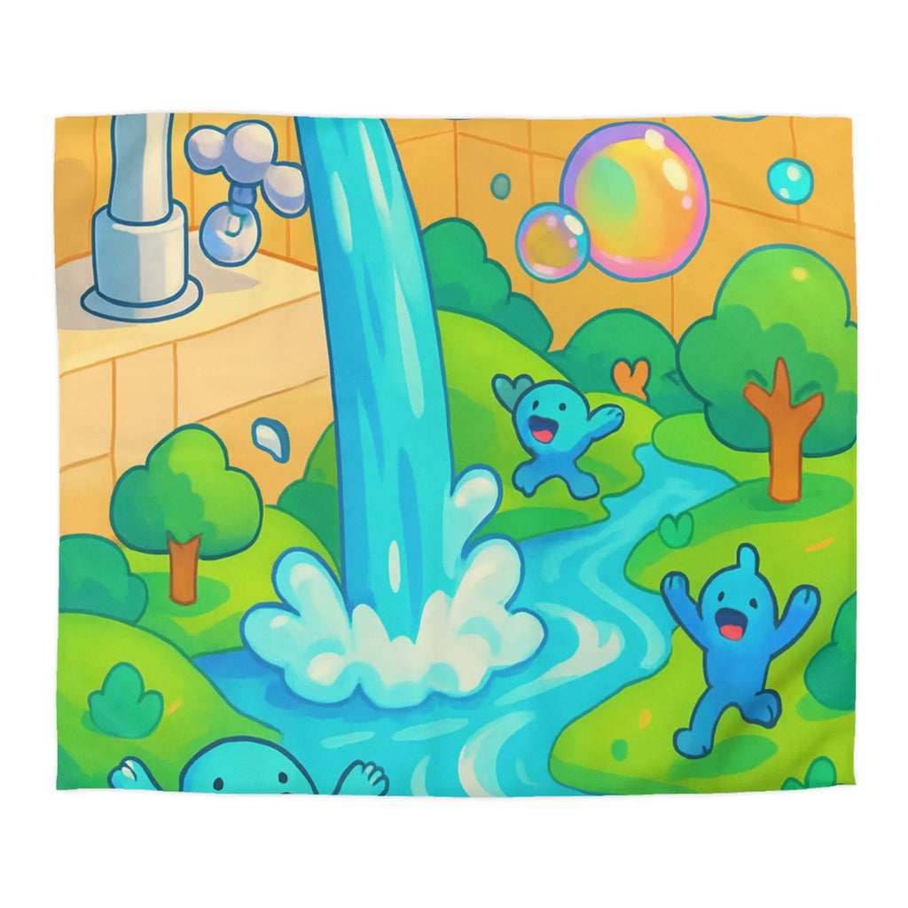 Housse de couette joyeuse avec créatures bleues, bulles et arc-en-ciel coloré