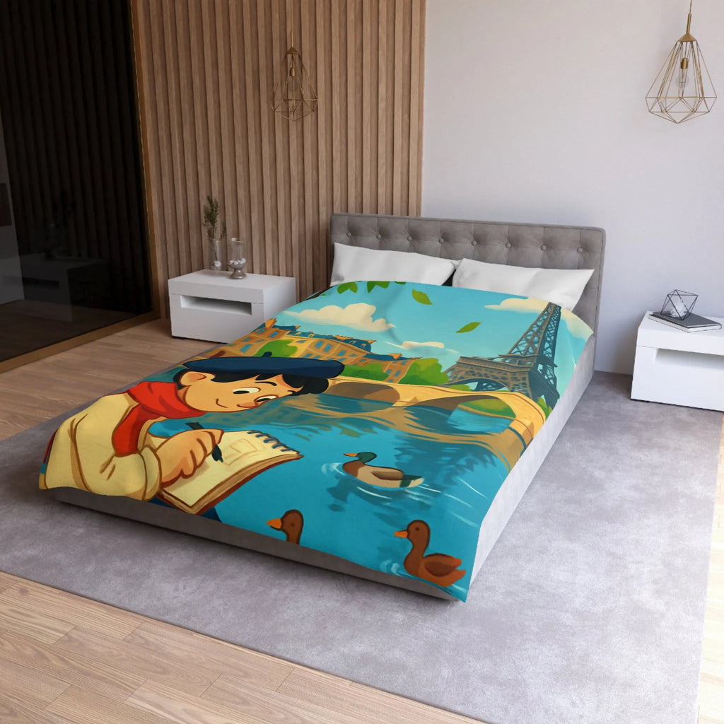 Housse de Couette Artistique Parisienne avec Enfant et Tour Eiffel au Printemps