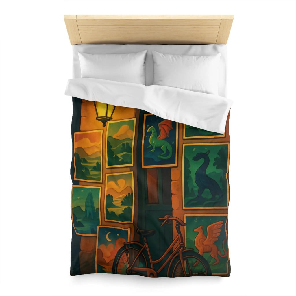 Housse de couette artistique avec dragons mythiques et paysage nocturne, ambiance mystérieuse