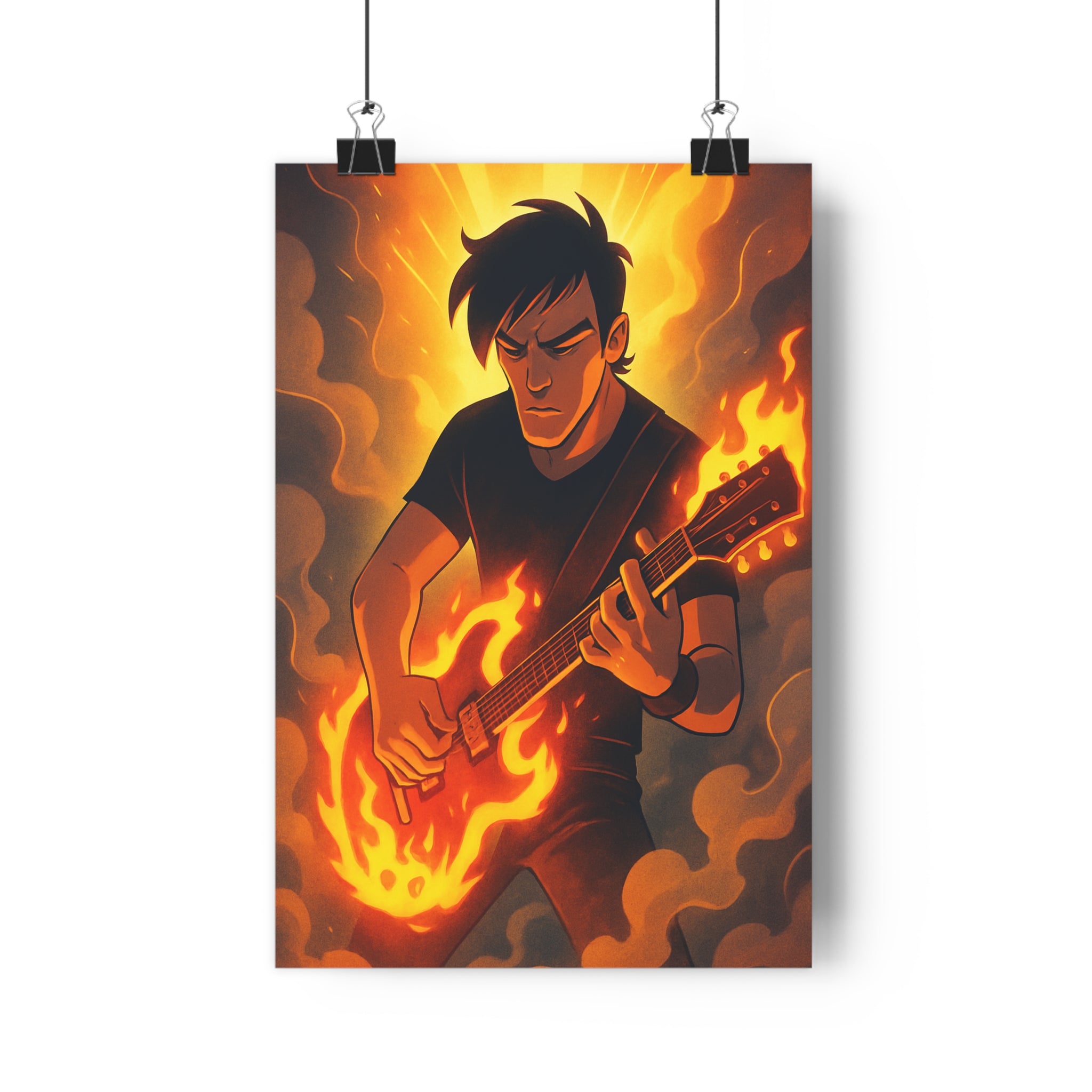 Poster décoratif intense guitare flammes orange jaune moderne musique créatif chambre format 30x46 cm