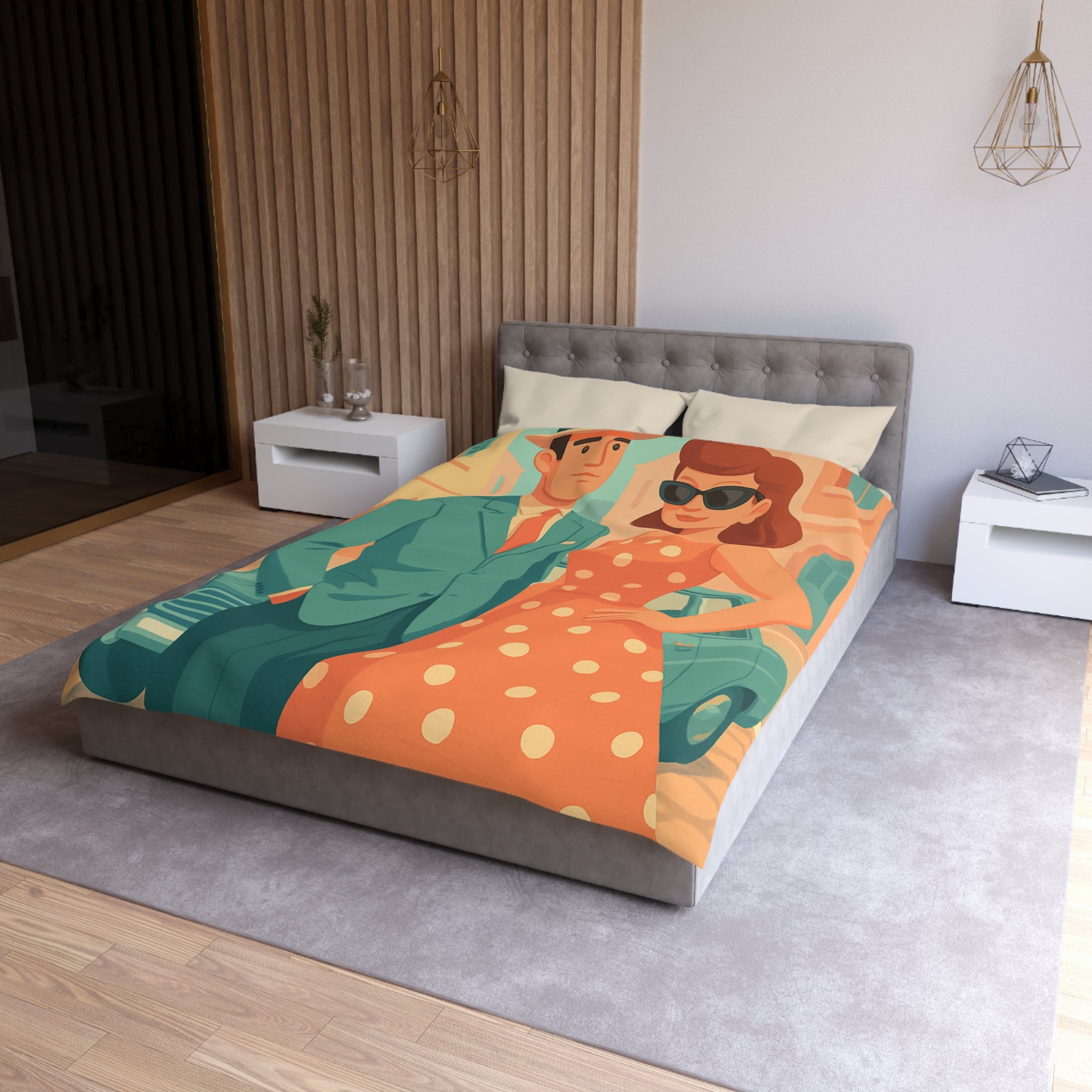 Housse de couette vintage rétro avec couple élégant en habits années 50 chic