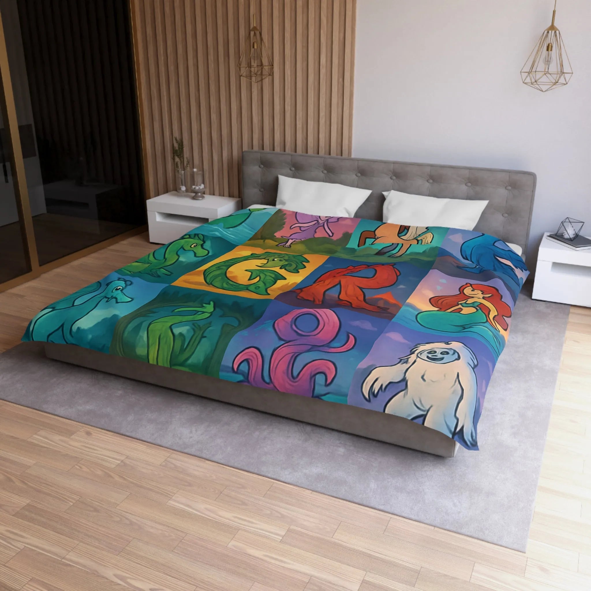 Housse de couette enchantée avec lettres magiques et créatures mythiques colorées