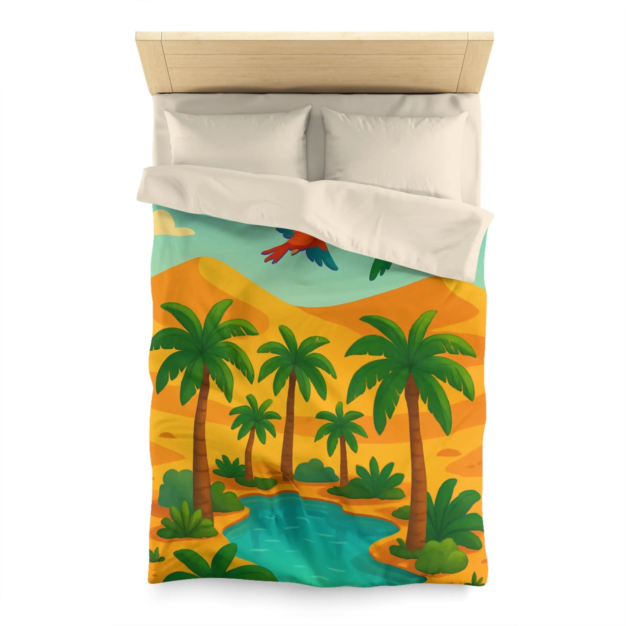 Housse de couette exotique avec palmiers, oiseaux colorés et oasis dans le désert