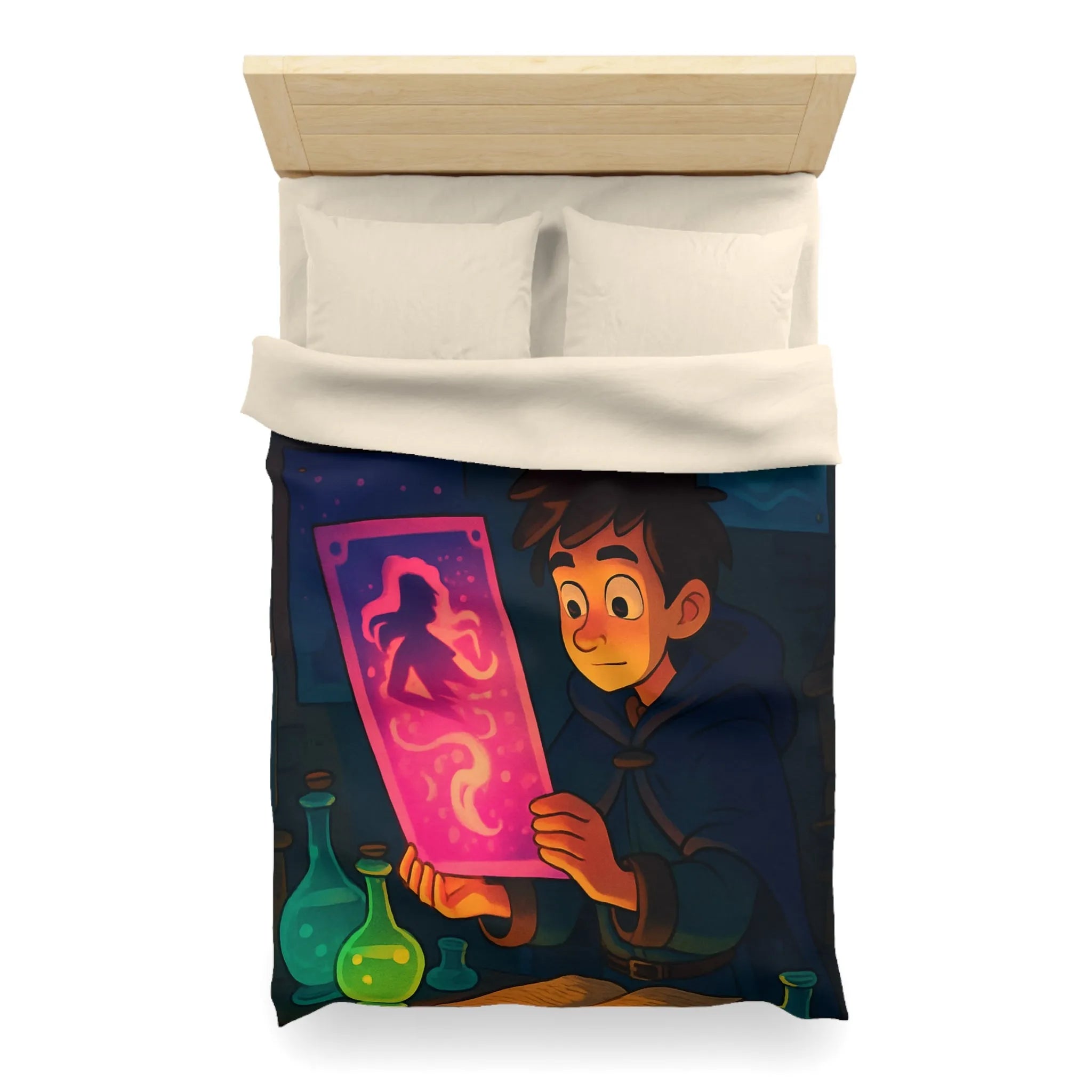 Enfant Magicien Lisant Papyrus Magique Avec Décor De Potions Et Affiches Mystiques