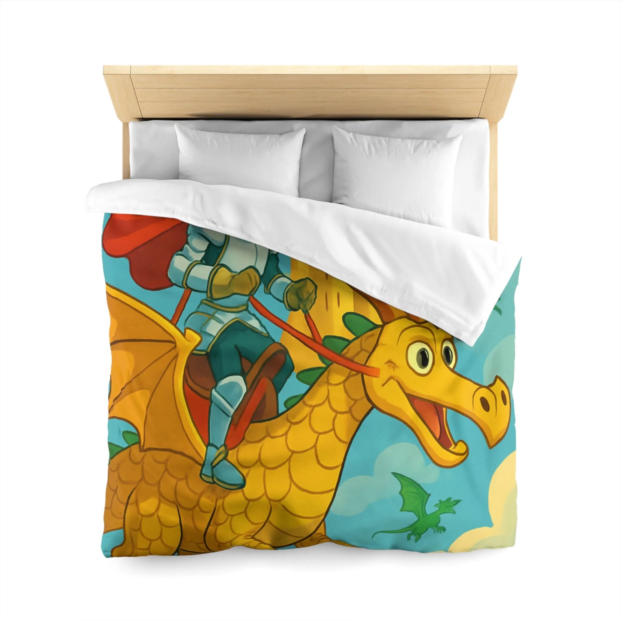 Housse de couette avec chevalier courageux chevauchant un dragon doré au-dessus château fantastique