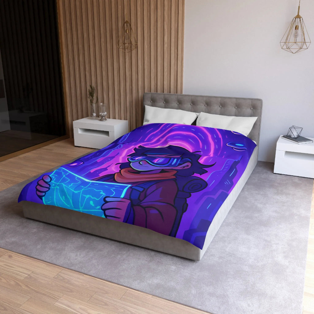 Housse de couette bleue violette style futuriste avec personnage et carte néon