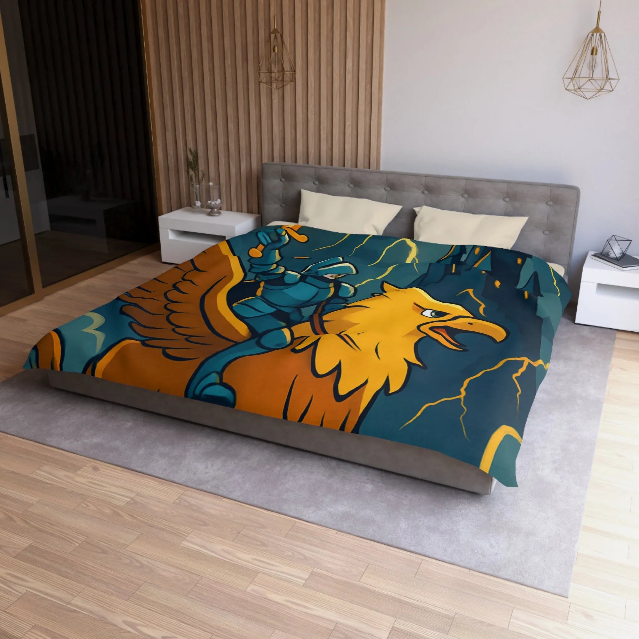 Housse de Couette Fantaisie avec Chevalier et Griffon Volant Devant Château Mystérieux