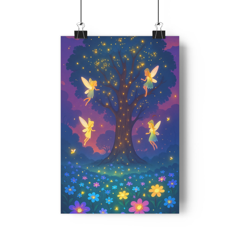 Poster décoratif clairière mystique crépuscule violet rose fées arbre magique anime enchanté chambre salon