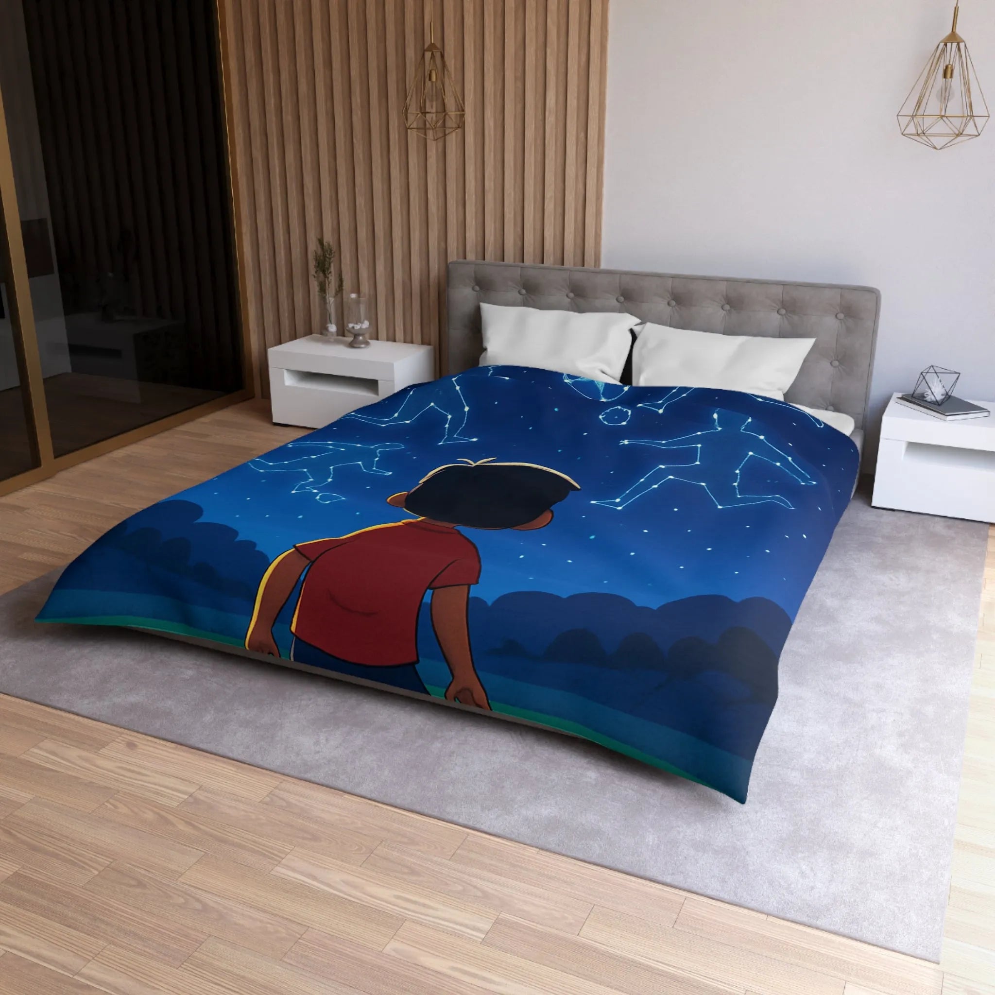 Housse de couette étoilée avec enfant rêvant de football sous ciel constellé