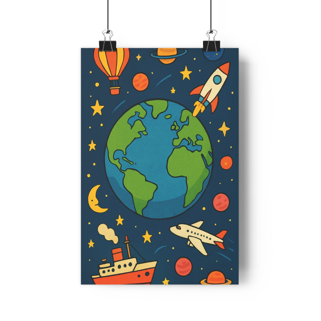 Poster décoratif dynamique mappemonde bleu vert orange céleste aventure chambre salon bureau futuriste unique