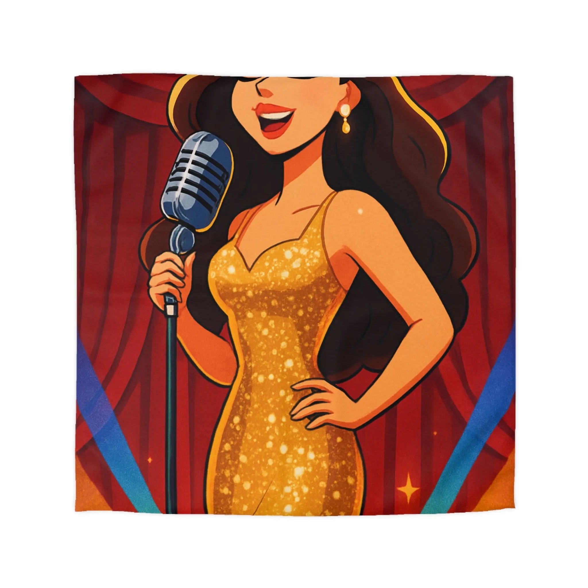 Housse de couette glamour dorée avec chanteuse rétro, étoiles et micro vintage