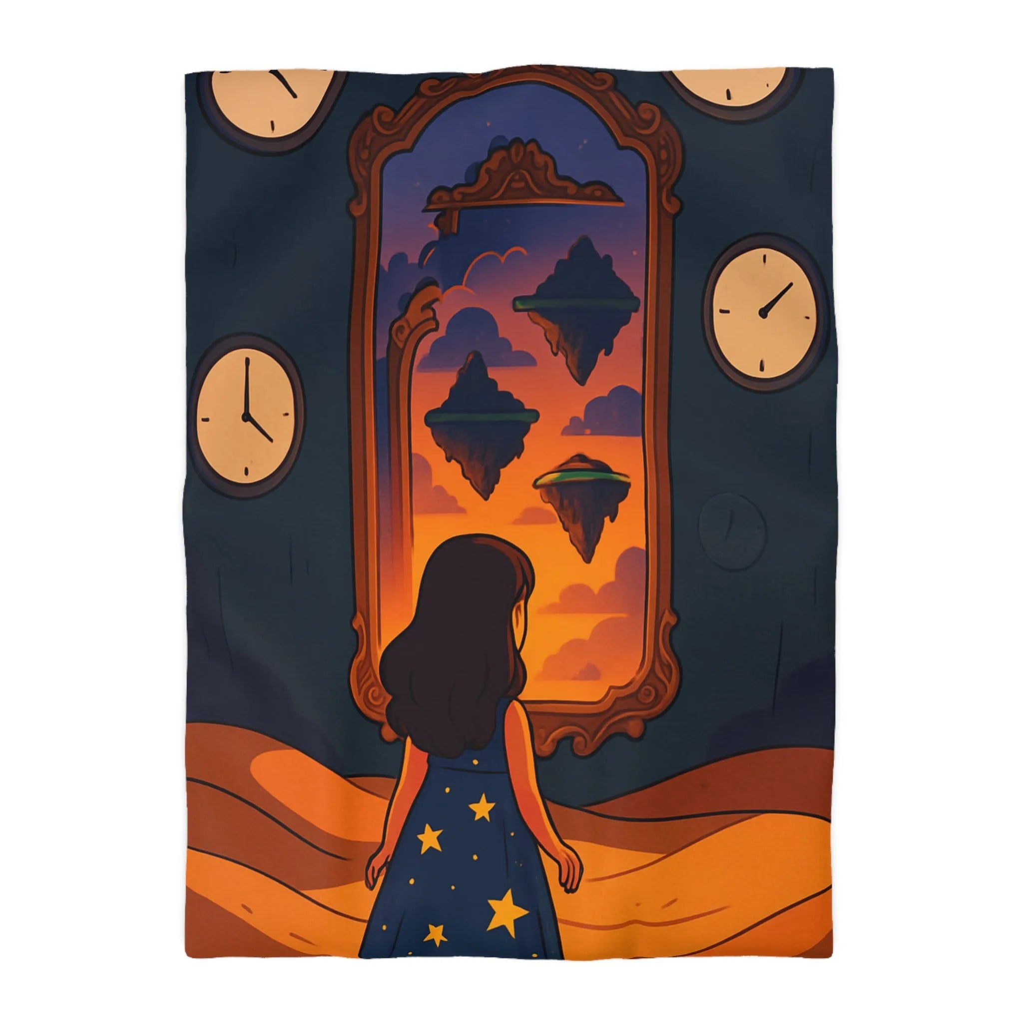 Housse de couette magique: paysage flottant, horloges rêveuses et fille contemplative