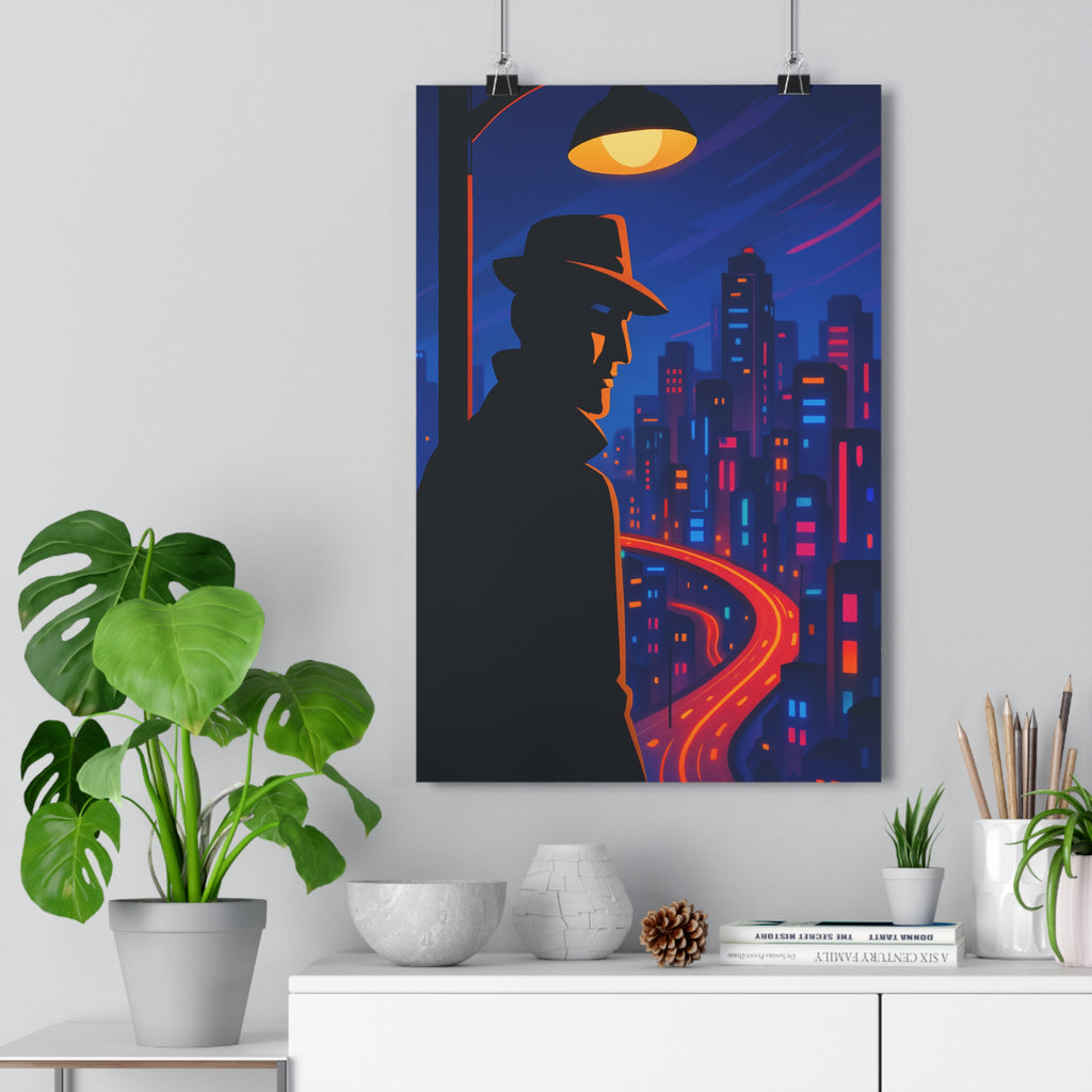 Poster décoratif urbain silhouette homme mystère bleu rouge cartoon lumineux salon moderne captivant qualité