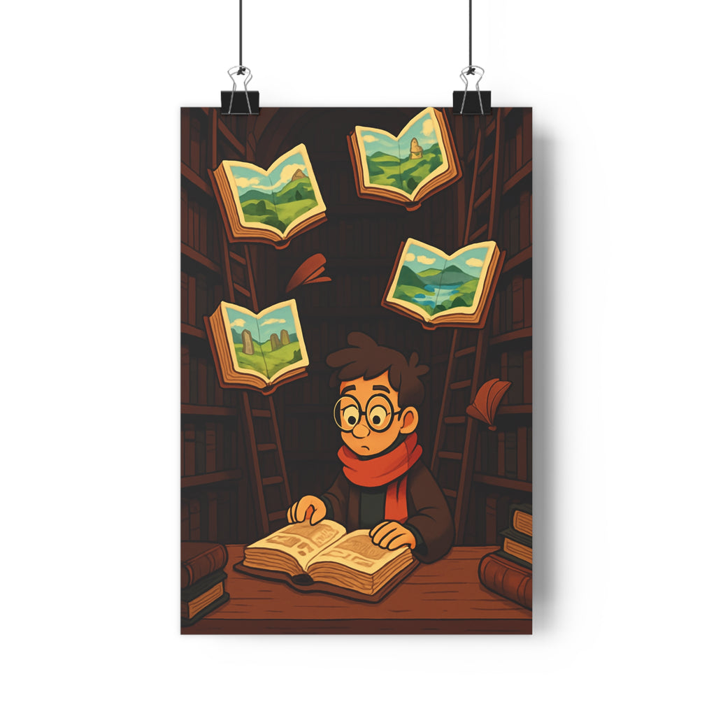 Poster décoratif mystique bibliothèque lecteur lunettes écharpe rouge anime chaleureux chambre 30x46 atmosphère intriguing