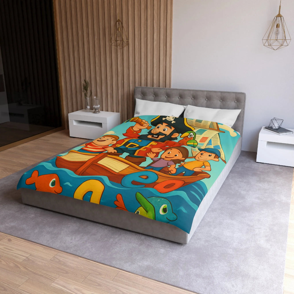 Housse de couette enfant pirate avec voyelles, perroquet et mer colorée