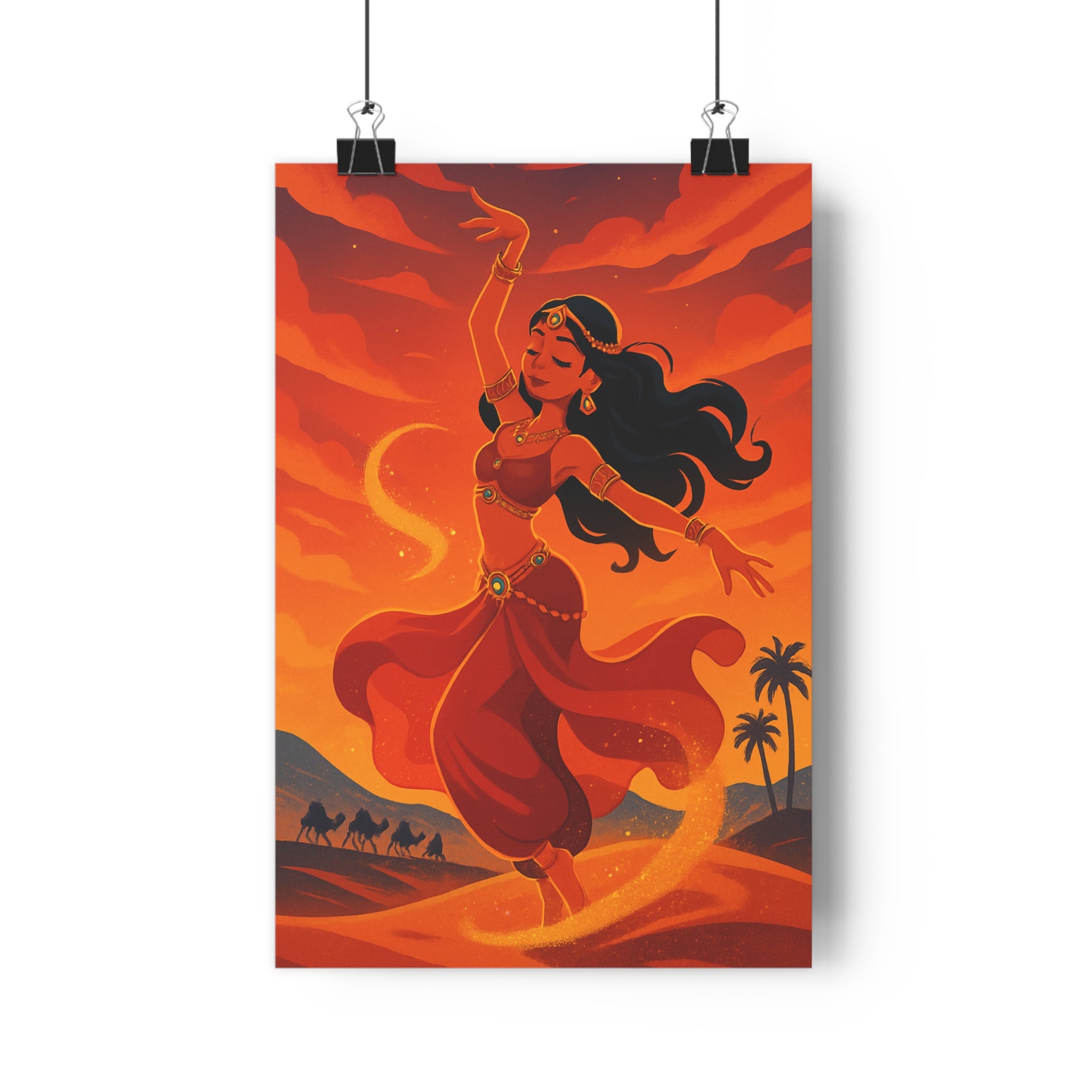 Poster décoratif danseuse désert rouge doré cartoon exotique salon chambre ambiance chaleureuse artistique élégance