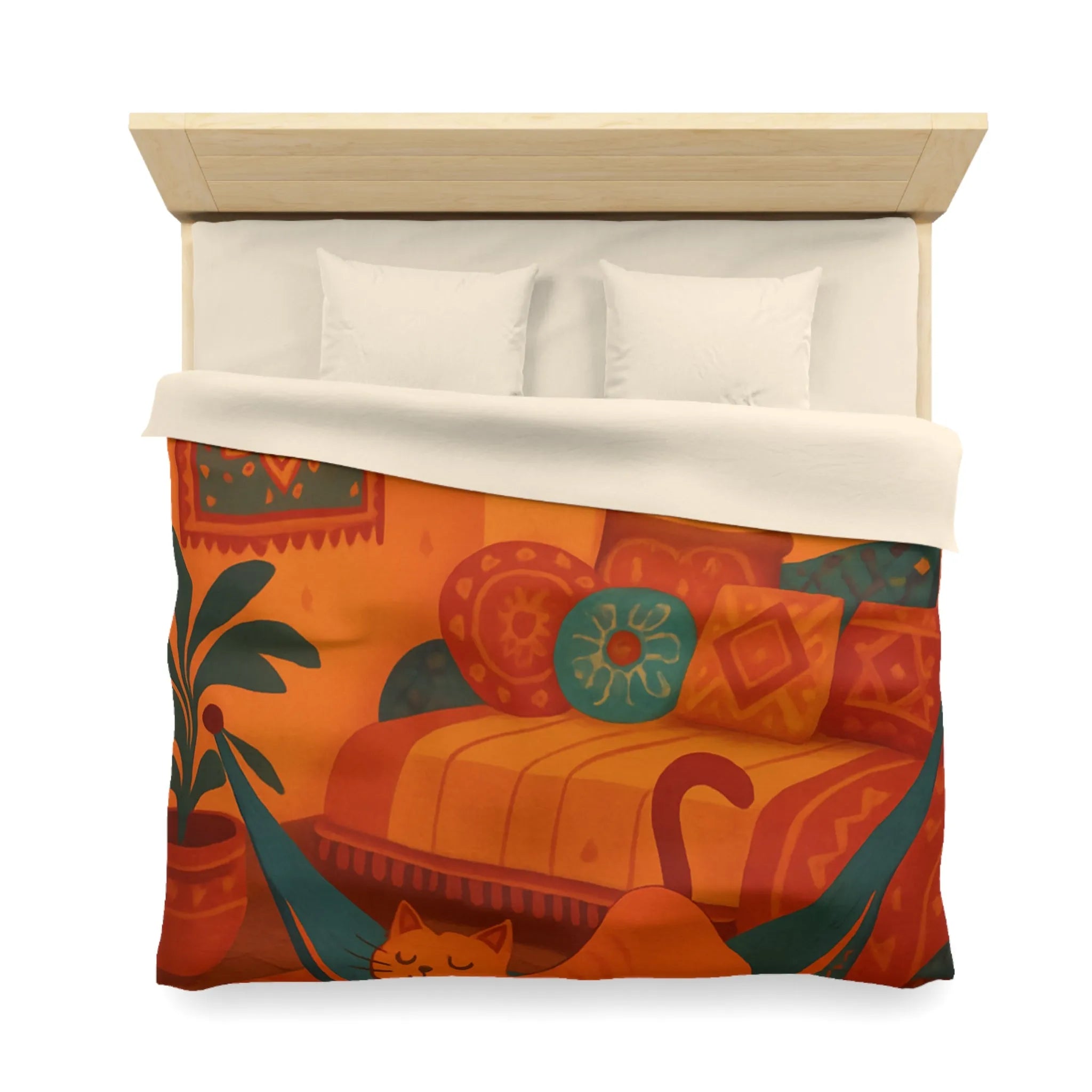 Housse de couette bohème avec motifs mandala et chat dans des tons chauds