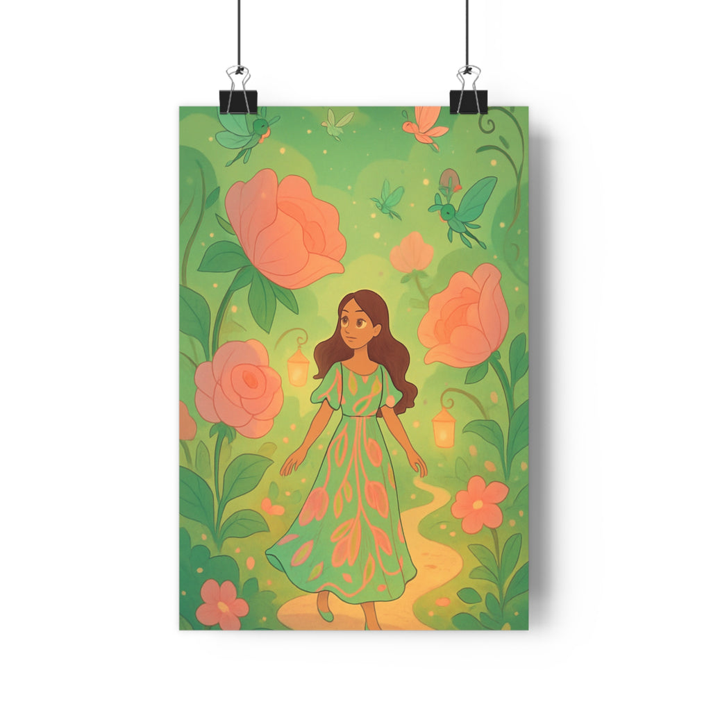 Poster décoratif cartoon enchanté vert rose magique enfant chambre créatif jardin féerique lumineux 30x46