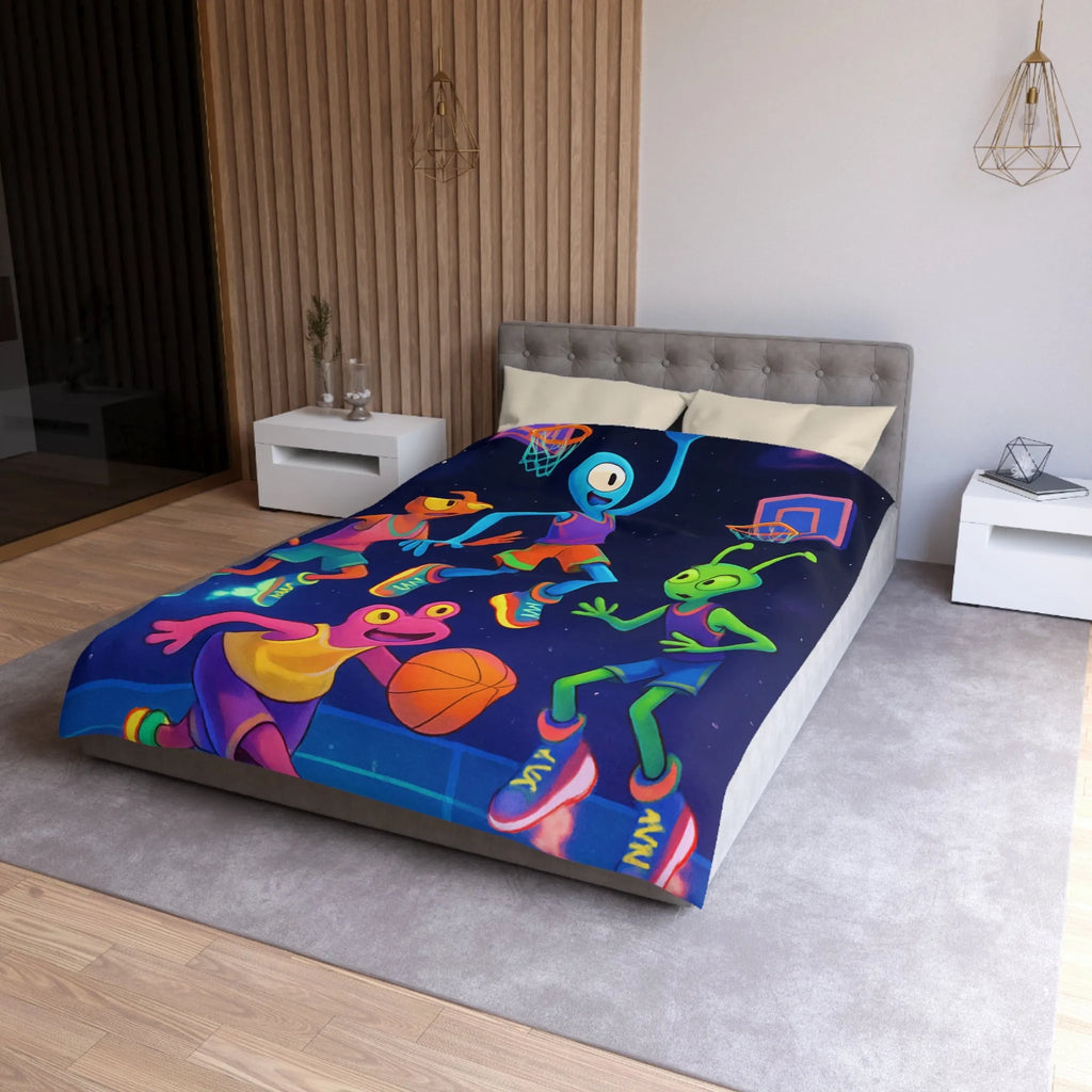 Housse de couette avec extraterrestres jouant au basket, ambiance lumineuse et amusante