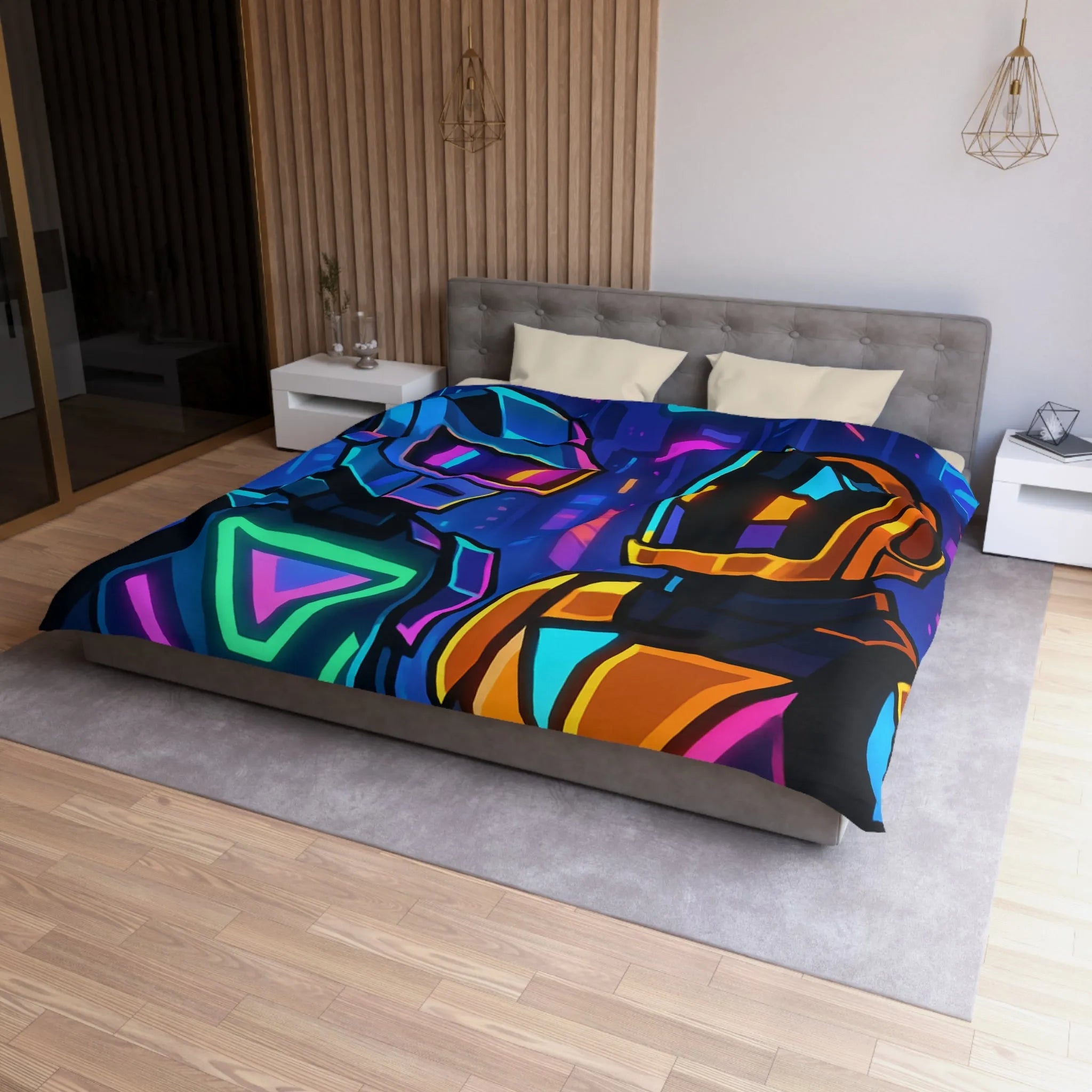 Housse de couette cyber thématique avec robots néons dans une ville futuriste colorée