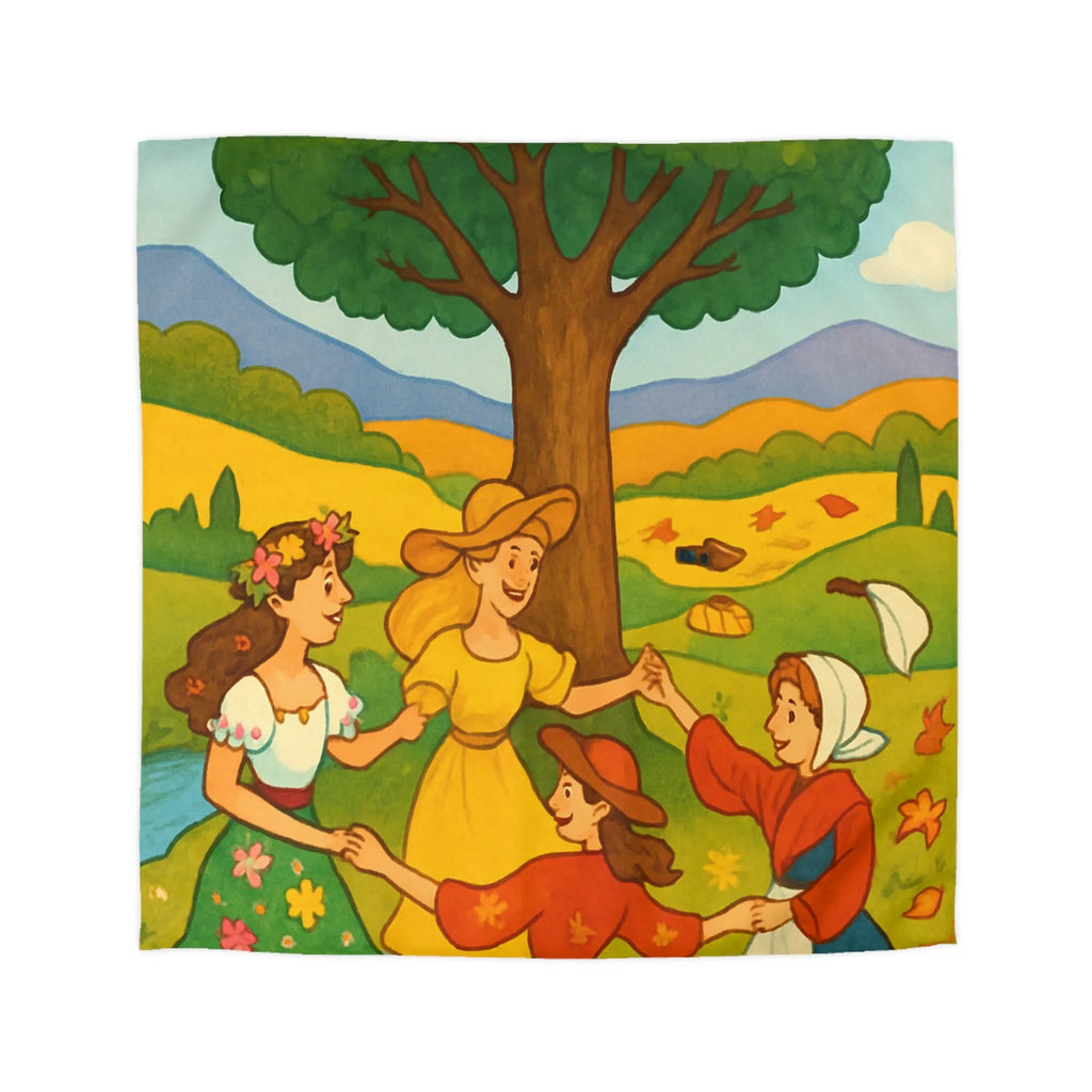 Housse de couette champêtre aux motifs de danseuses rondes et paysage bucolique coloré
