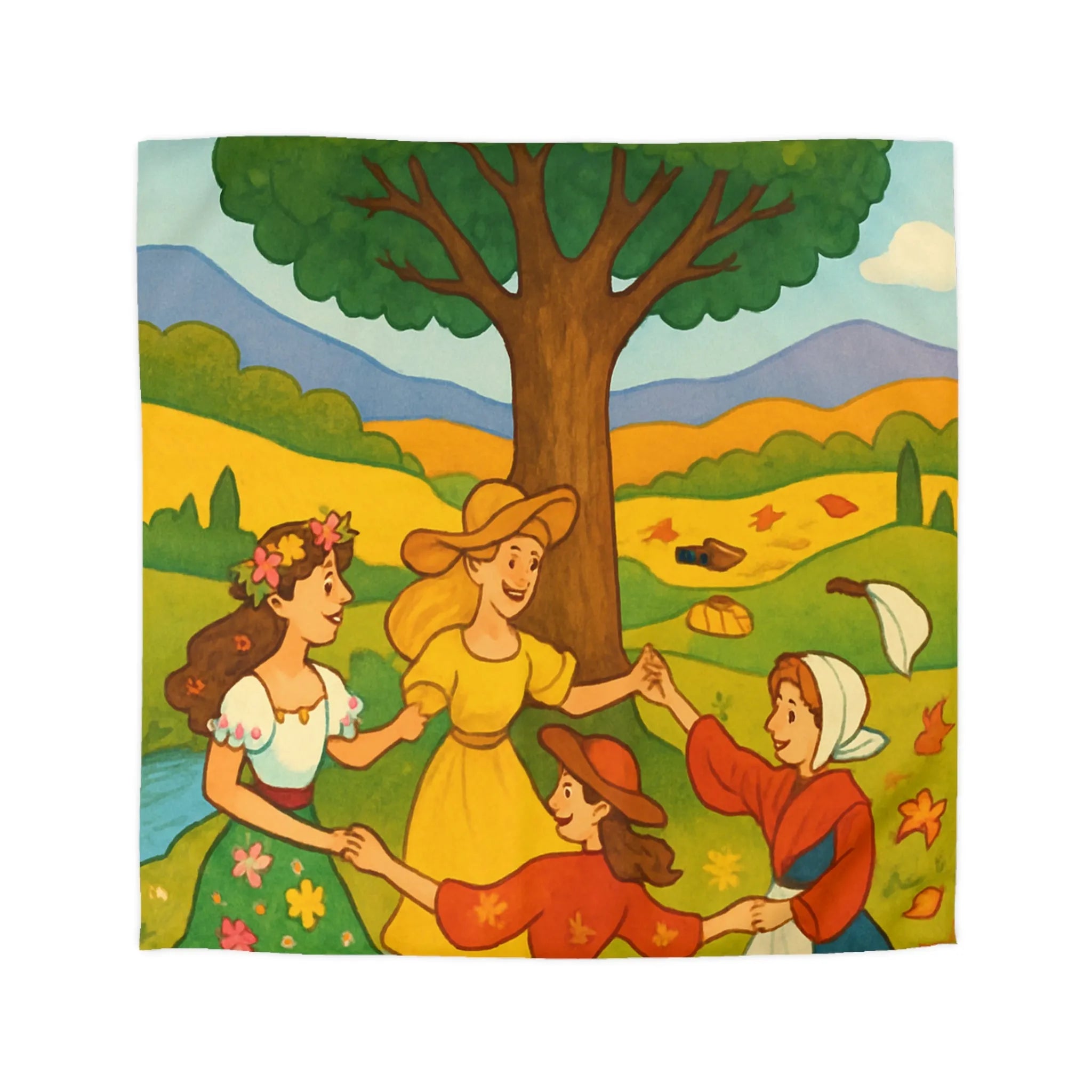 Housse de couette champêtre aux motifs de danseuses rondes et paysage bucolique coloré