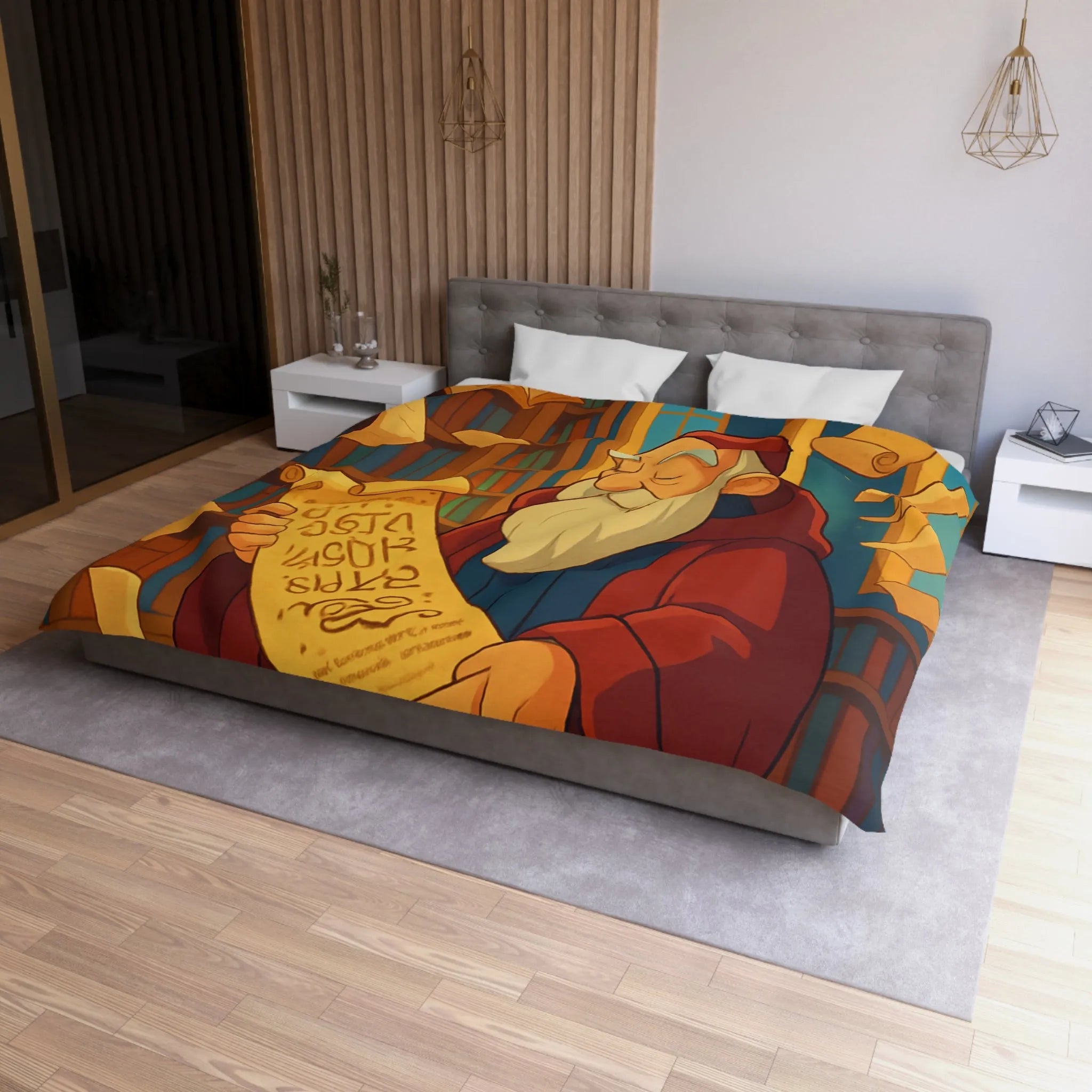 Housse de couette élégante avec design de bibliothèque, parchemins et sage en robe rouge